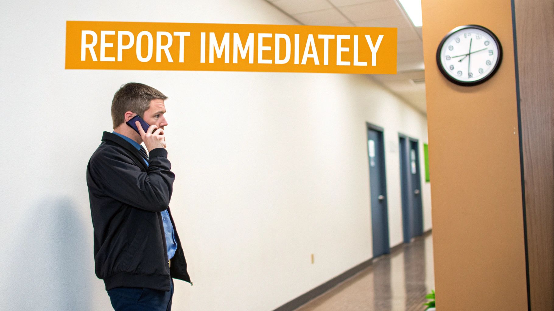 A man in a hallway talking on a cell phone, with a "REPORT IMMEDIATELY" sign above him.