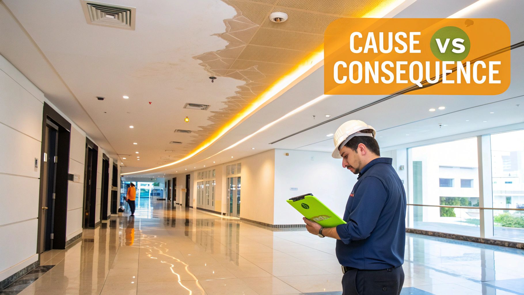 Inspector examines a water-damaged ceiling in a modern hallway, under a 'Cause vs Consequence' banner.