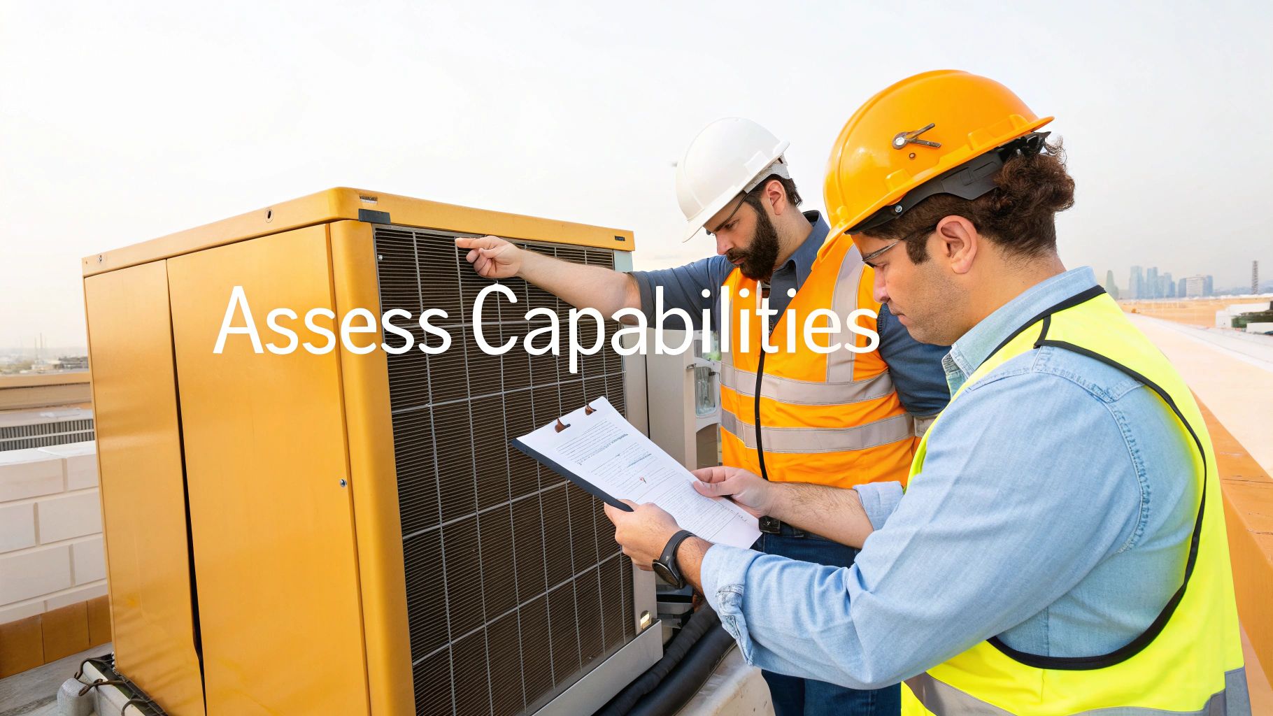 Two engineers in hard hats and safety vests inspect an HVAC unit on a rooftop with a clipboard.