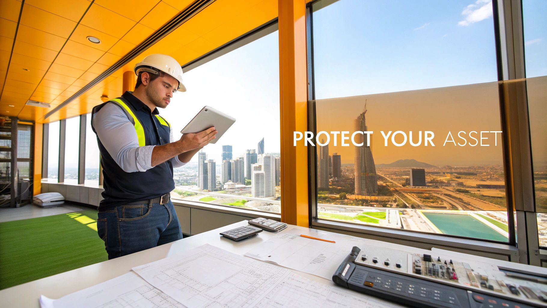 Engineer in hard hat and safety vest reviews plans on a tablet overlooking a modern city.