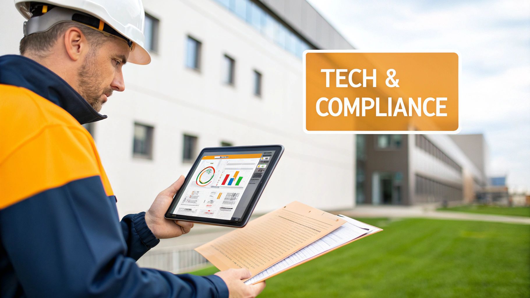 Engineer in safety gear reviews tech and compliance data on a tablet outdoors.