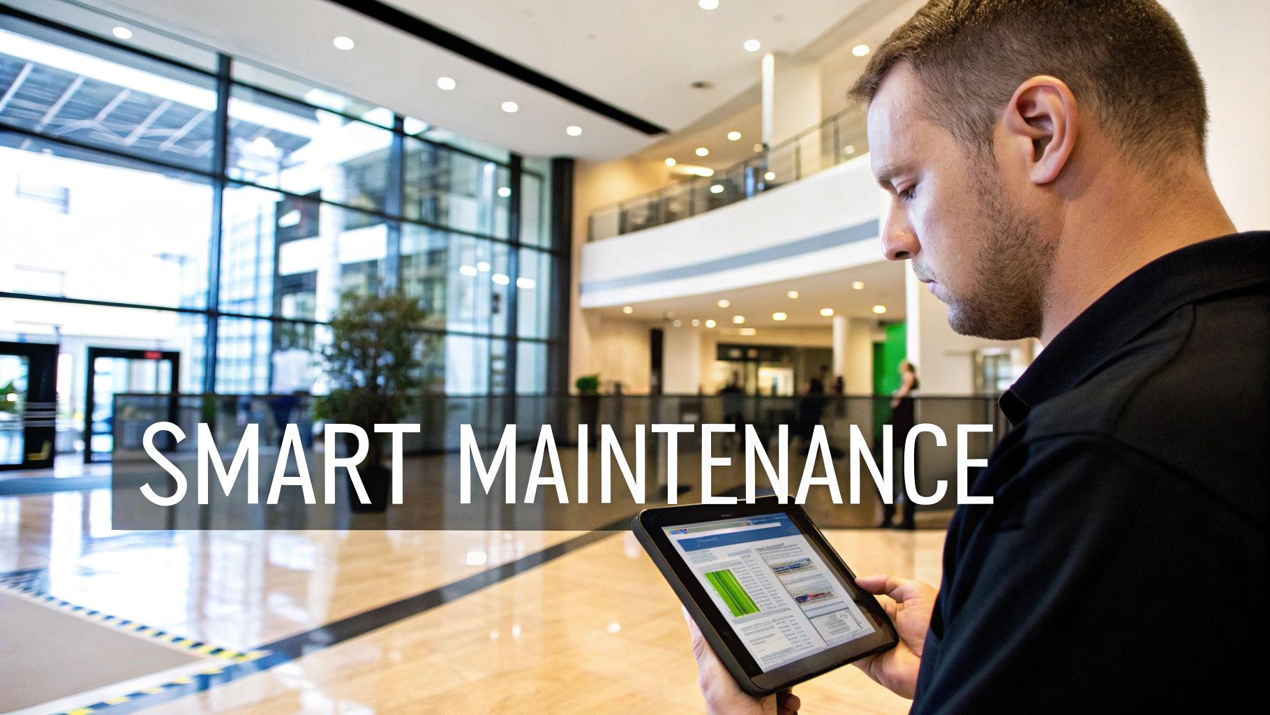 Man using a tablet for smart maintenance in a modern office building lobby.