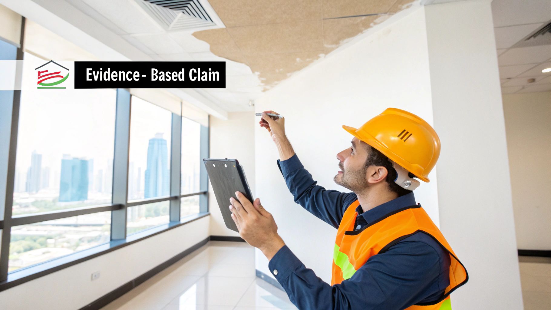 Engineer in a hard hat and vest inspects a damaged ceiling in a modern office building.