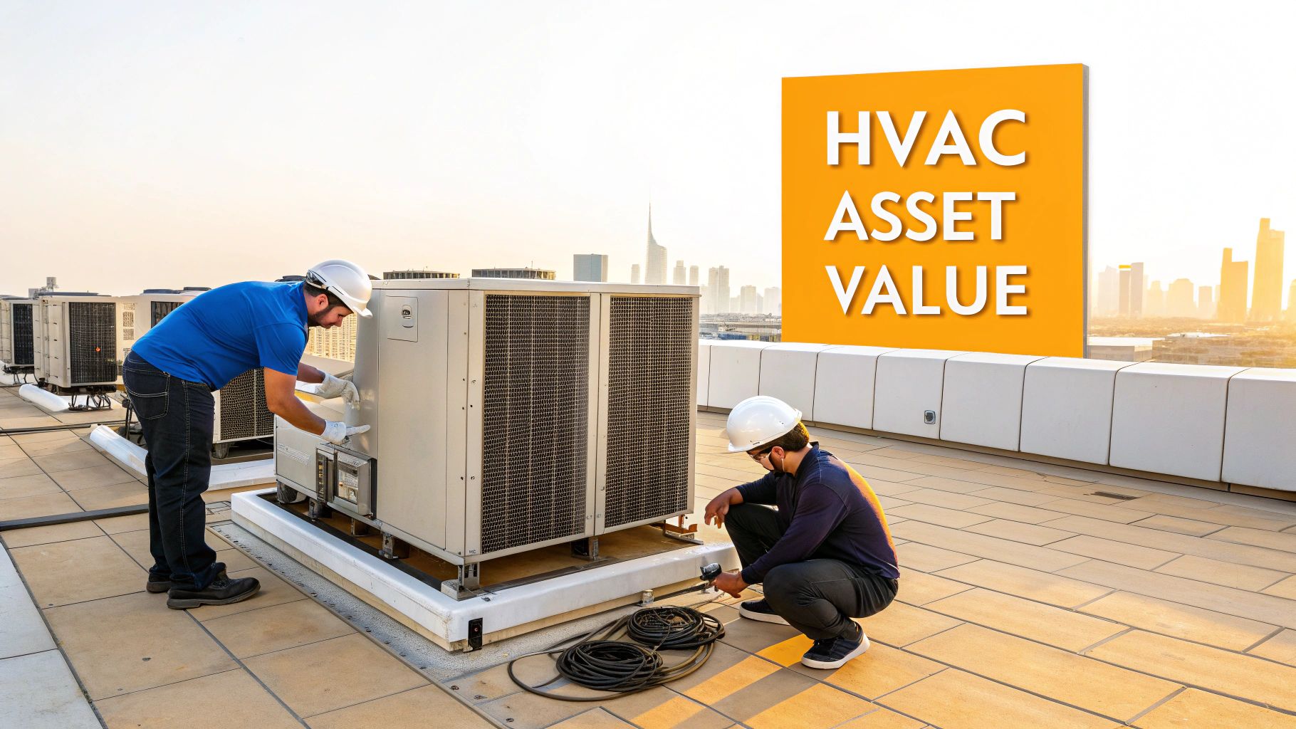 Two technicians in hard hats maintain rooftop HVAC units, overlooking a city skyline and a 'HVAC Asset Value' sign.