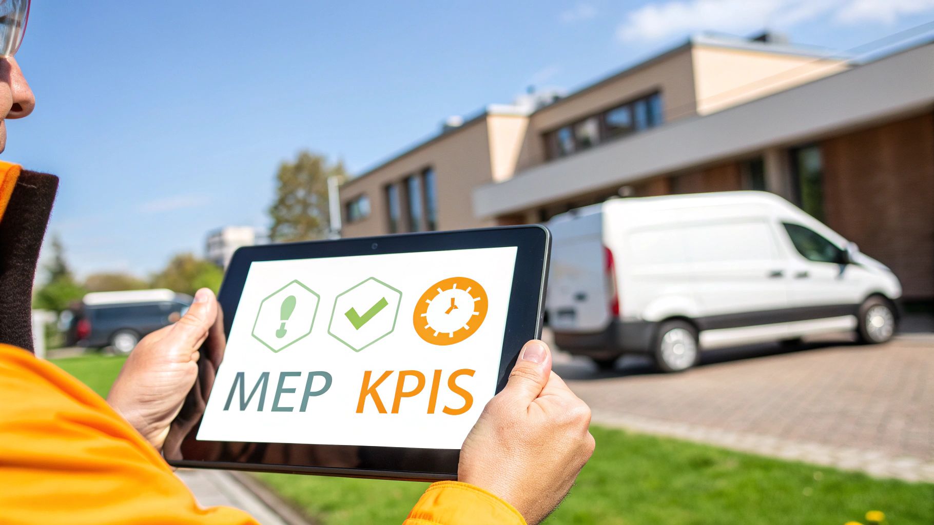 A worker holds a tablet displaying MEP KPIs with icons, with a delivery van in the background.