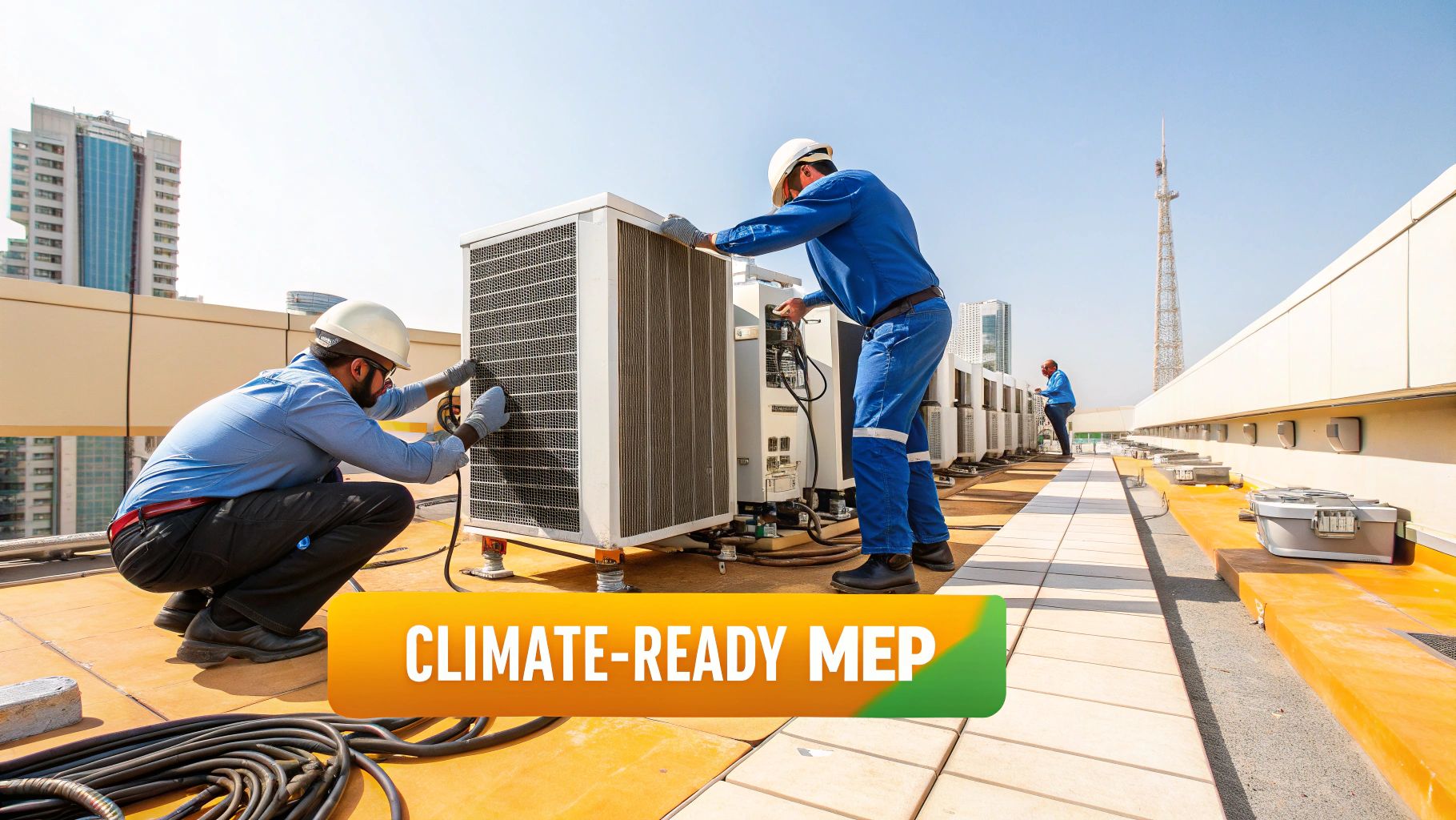Three technicians in hard hats maintain rooftop HVAC units under a clear sky, ensuring climate-ready MEP.