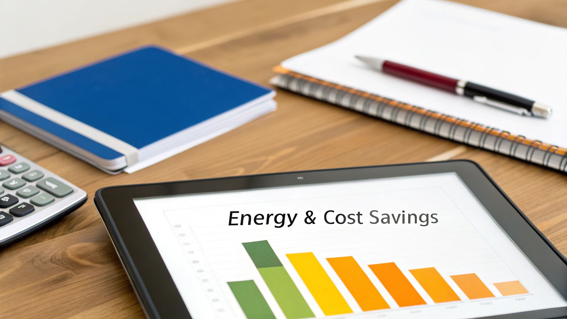 Tablet displaying an 'Energy & Cost Savings' bar chart, calculator, notebooks, and pen on a wooden desk.