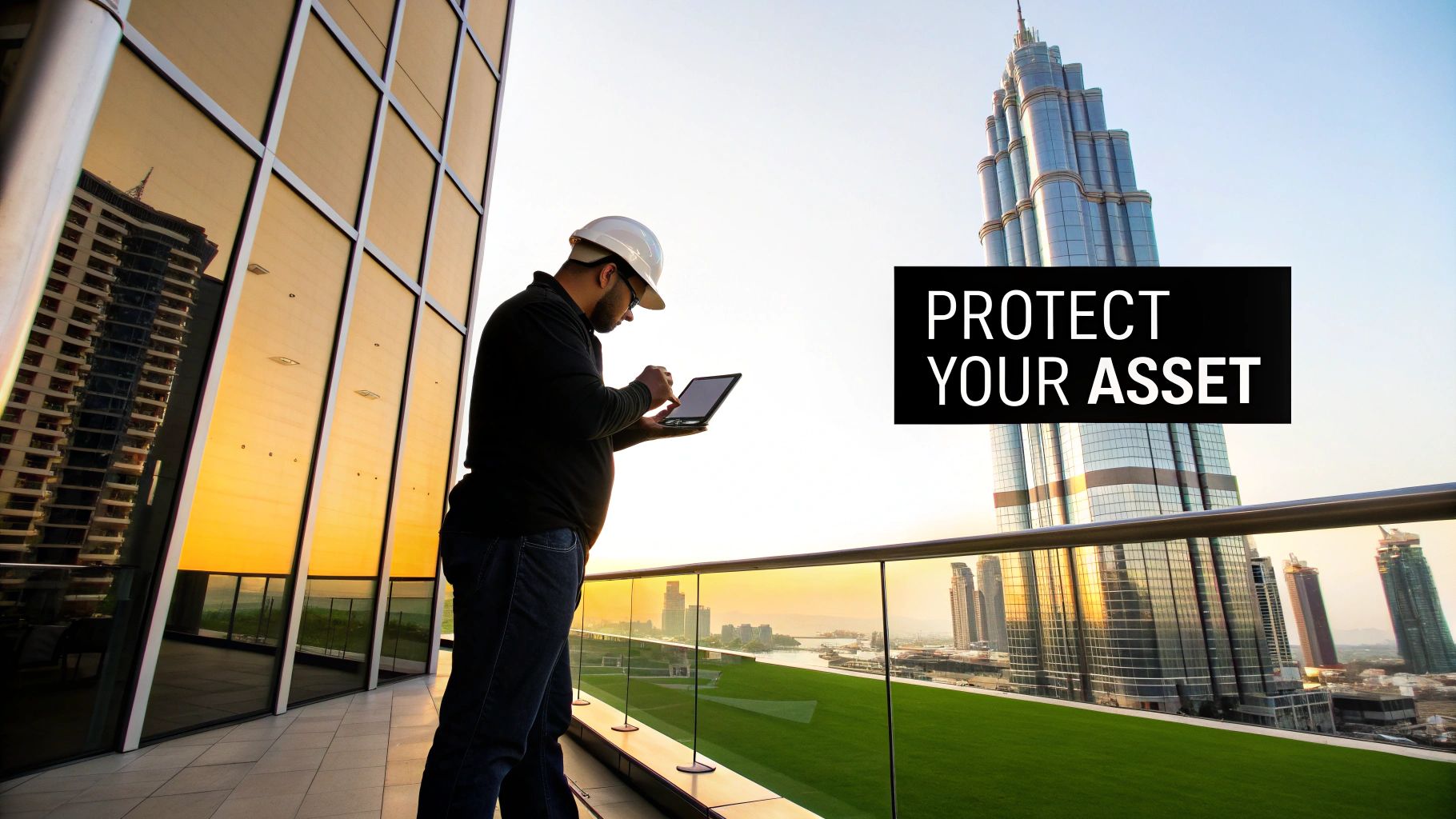 Engineer in hard hat on a high-rise balcony using a tablet, overlooking the Dubai skyline.