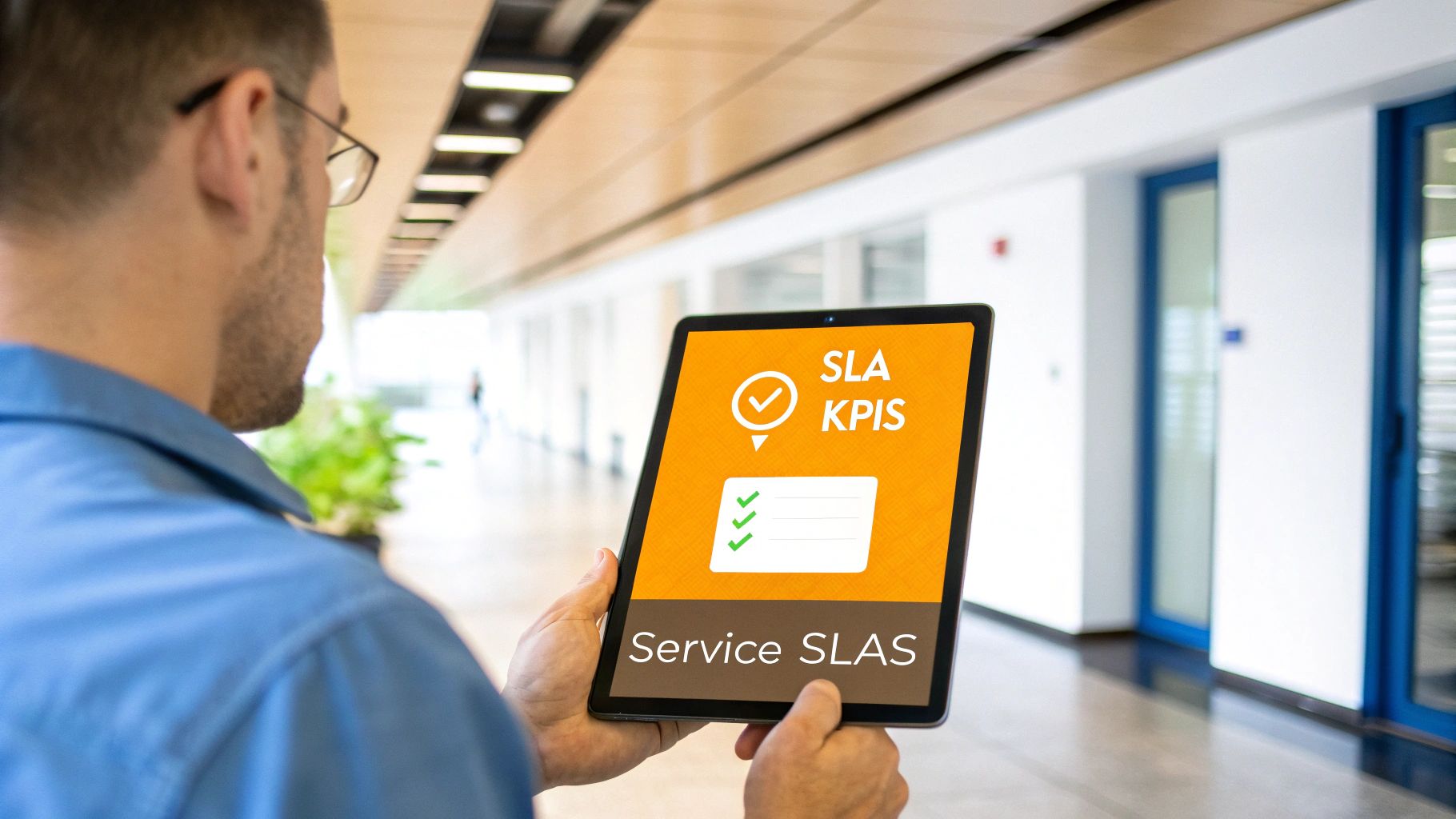 A person holds a tablet displaying 'SLA KPIs' and 'Service SLAS' in an office hallway.