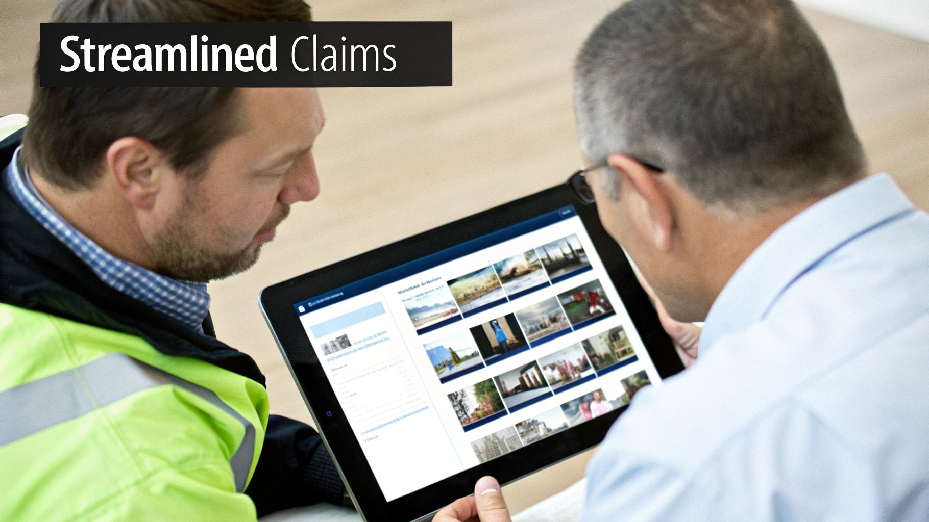 Two men reviewing 'Streamlined Claims' on a tablet, emphasizing efficient digital insurance processing.