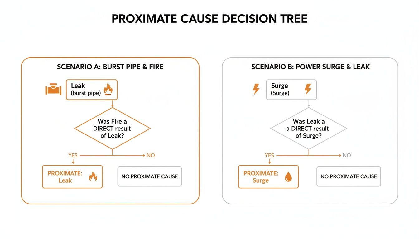 Decision tree illustrating proximate cause determination for insurance claims involving leaks, fires, and power surges.