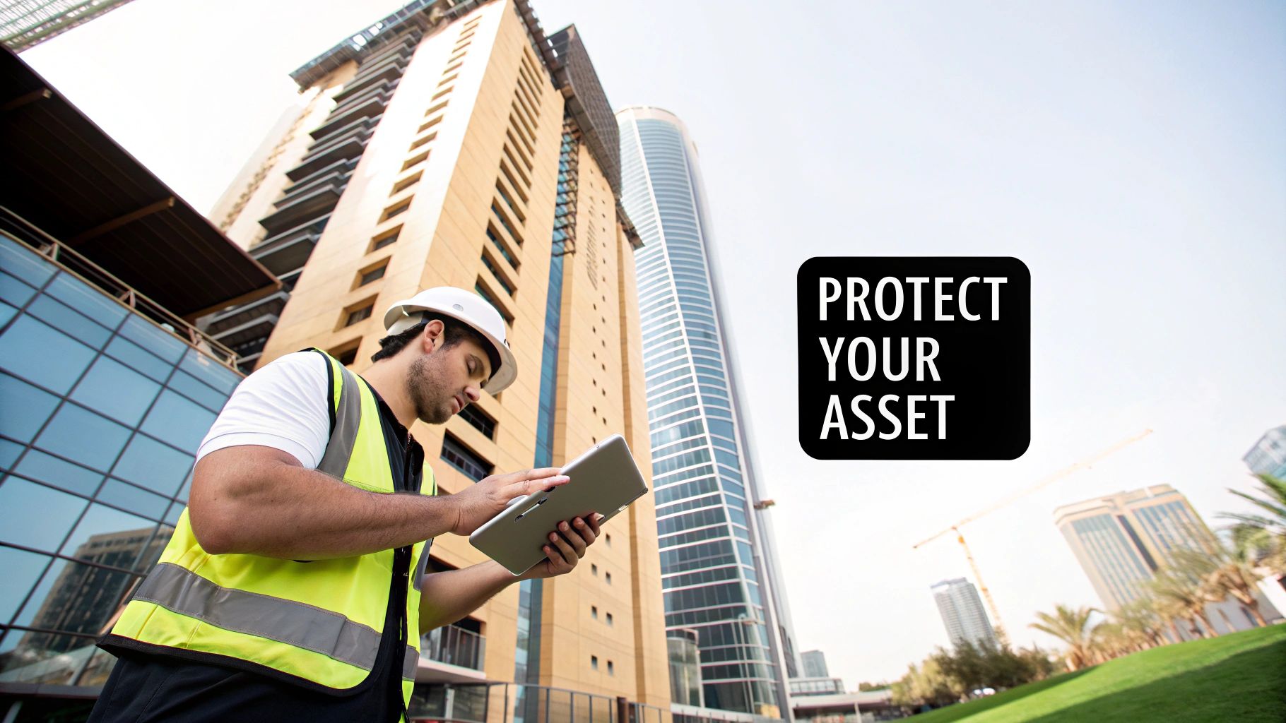 A construction worker in a hard hat and safety vest uses a tablet in front of tall buildings.
