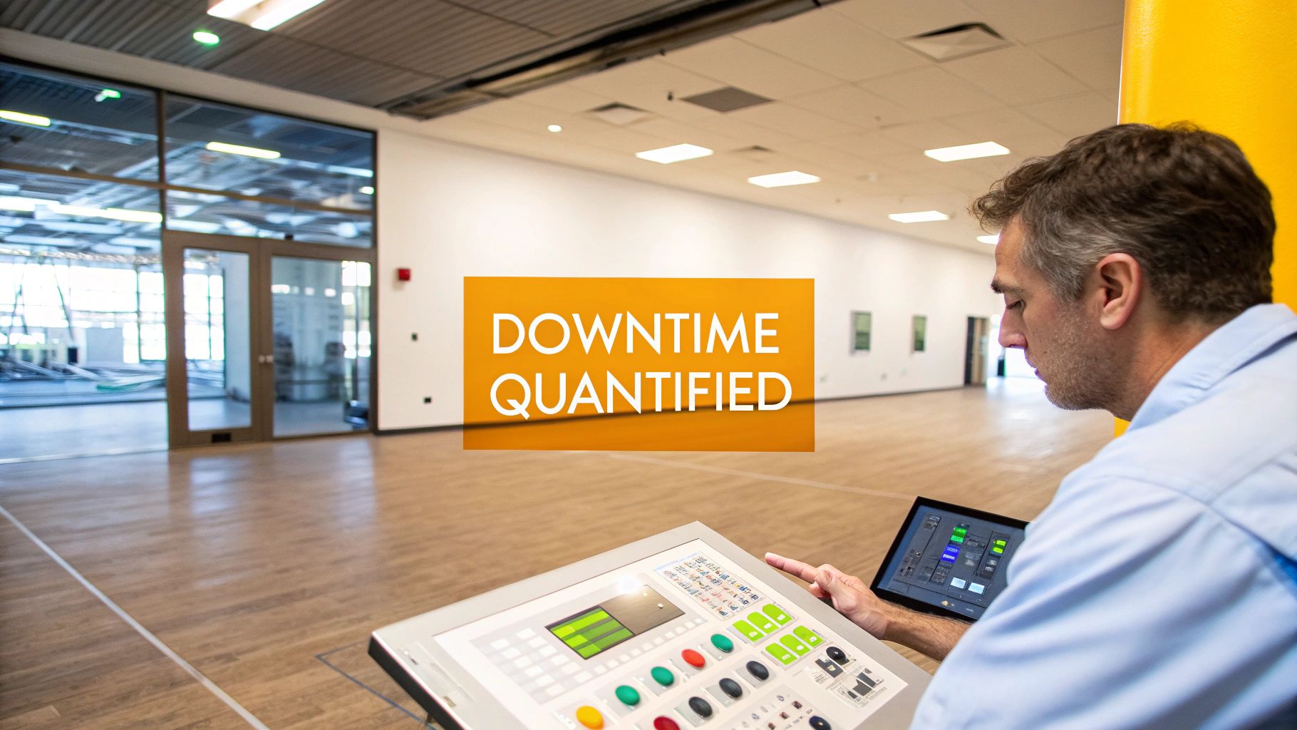 A man operates a control panel and tablet in an empty commercial building with 'DOWNTIME QUANTIFIED' text overlay.