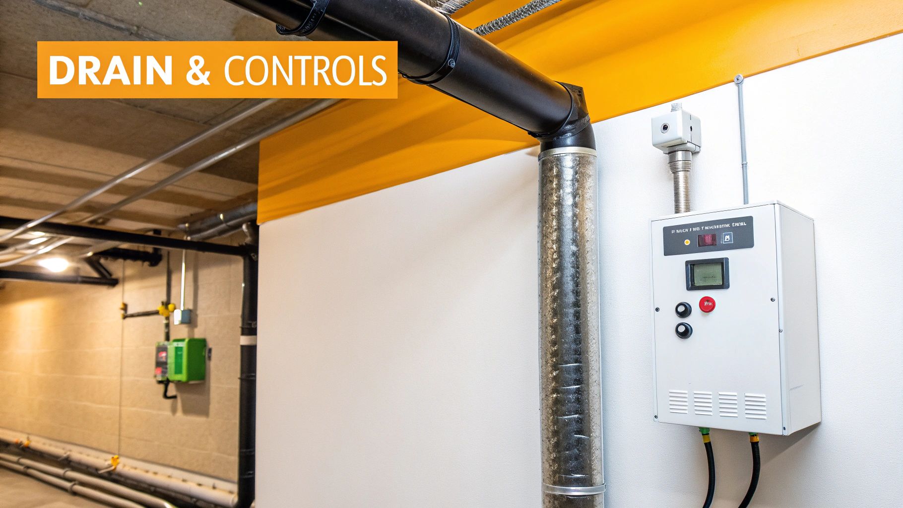 Drain and control system with a white panel and pipes in a modern building basement.