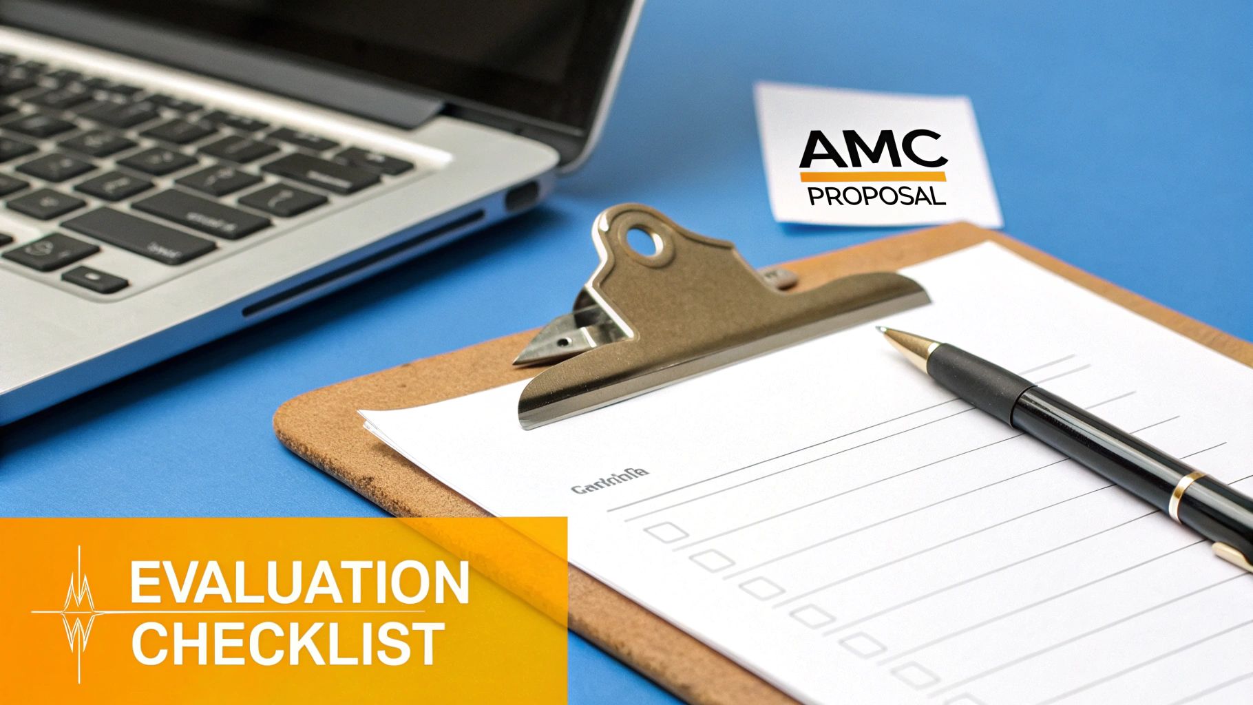 A laptop, clipboard with a checklist, pen, and an 'AMC Proposal' sticky note on a blue desk.