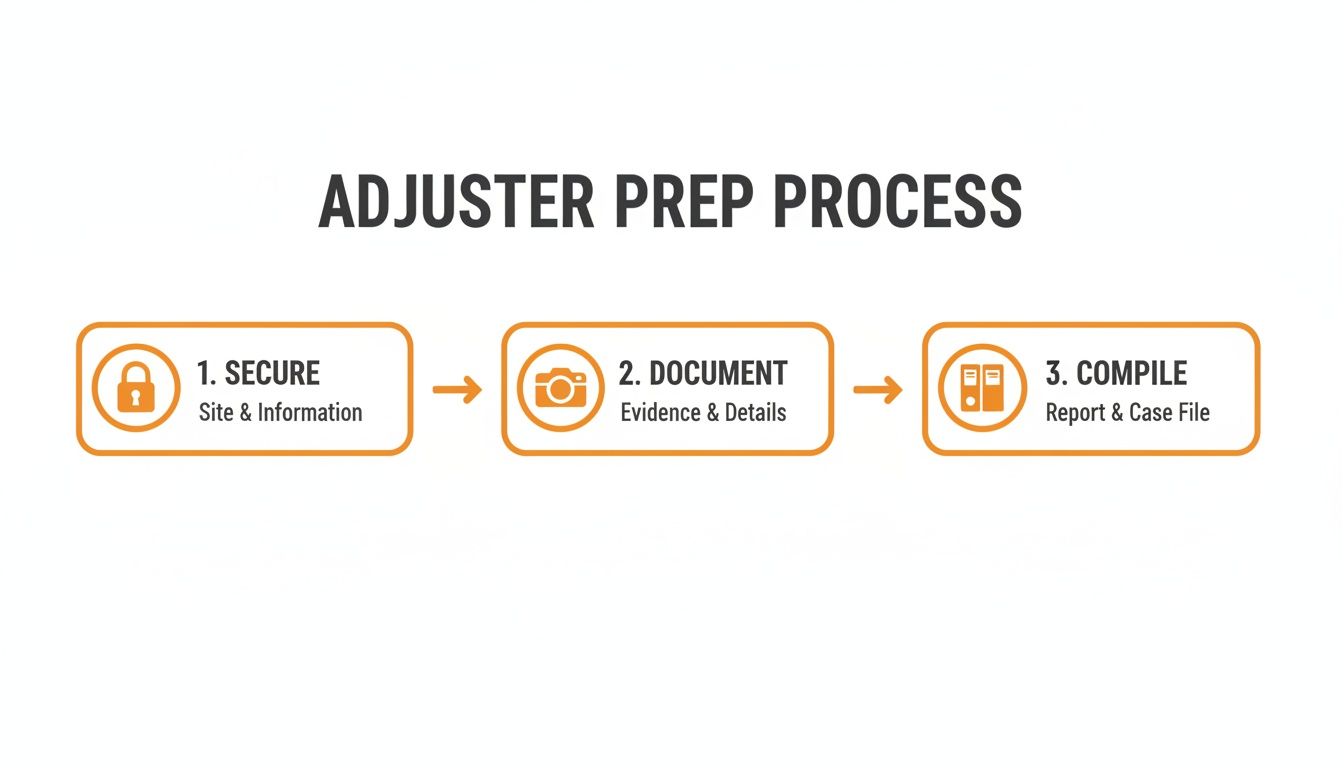 Infographic illustrating the adjuster's three-step process: Secure site, Document evidence, Compile report.