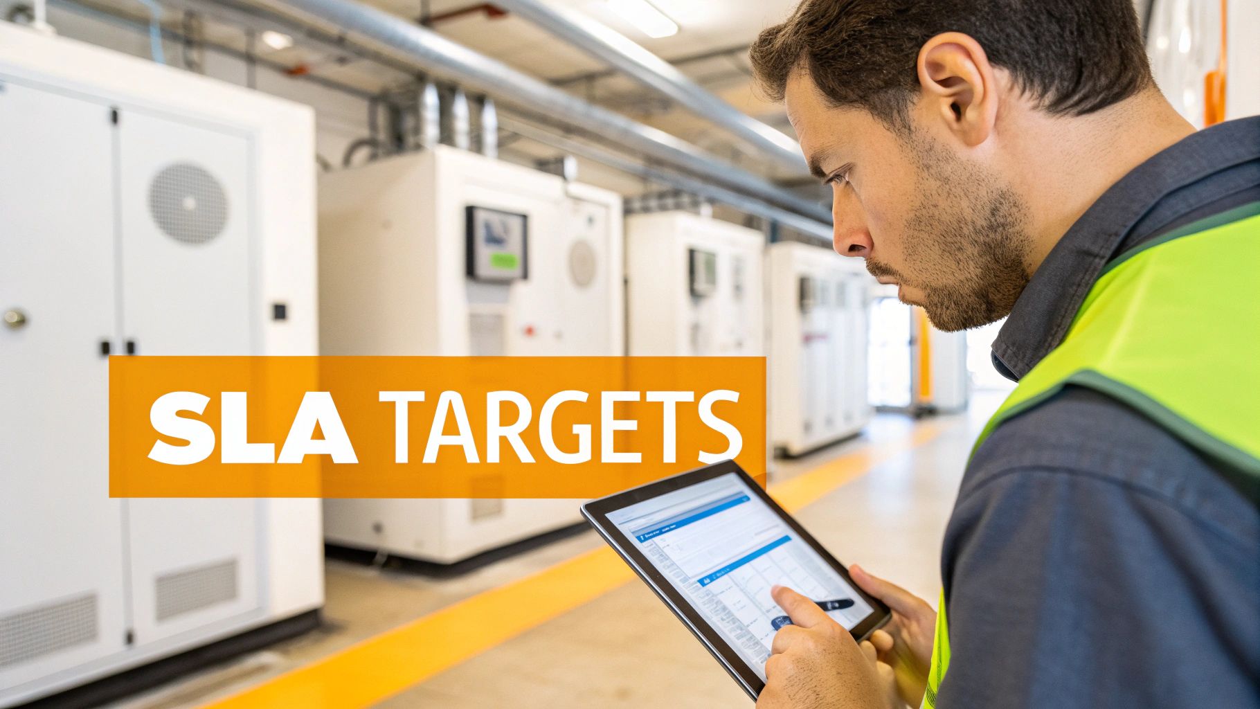 Engineer in a server room reviewing performance metrics on a tablet, with 'SLA TARGETS' text.