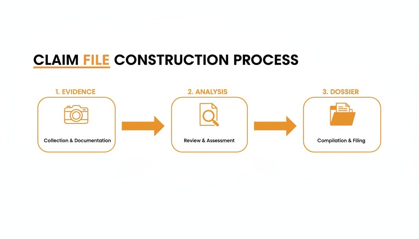 A three-step process for constructing a claim file: Evidence, Analysis, and Dossier.