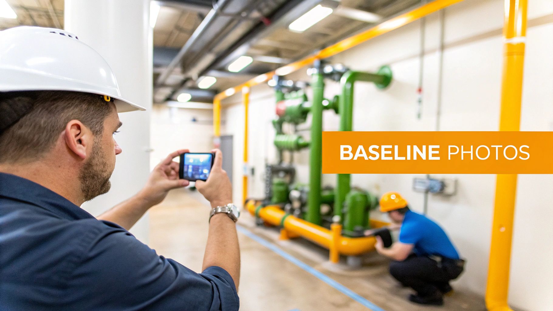 Man in a hard hat takes photos of industrial pipes, another worker inspects equipment.