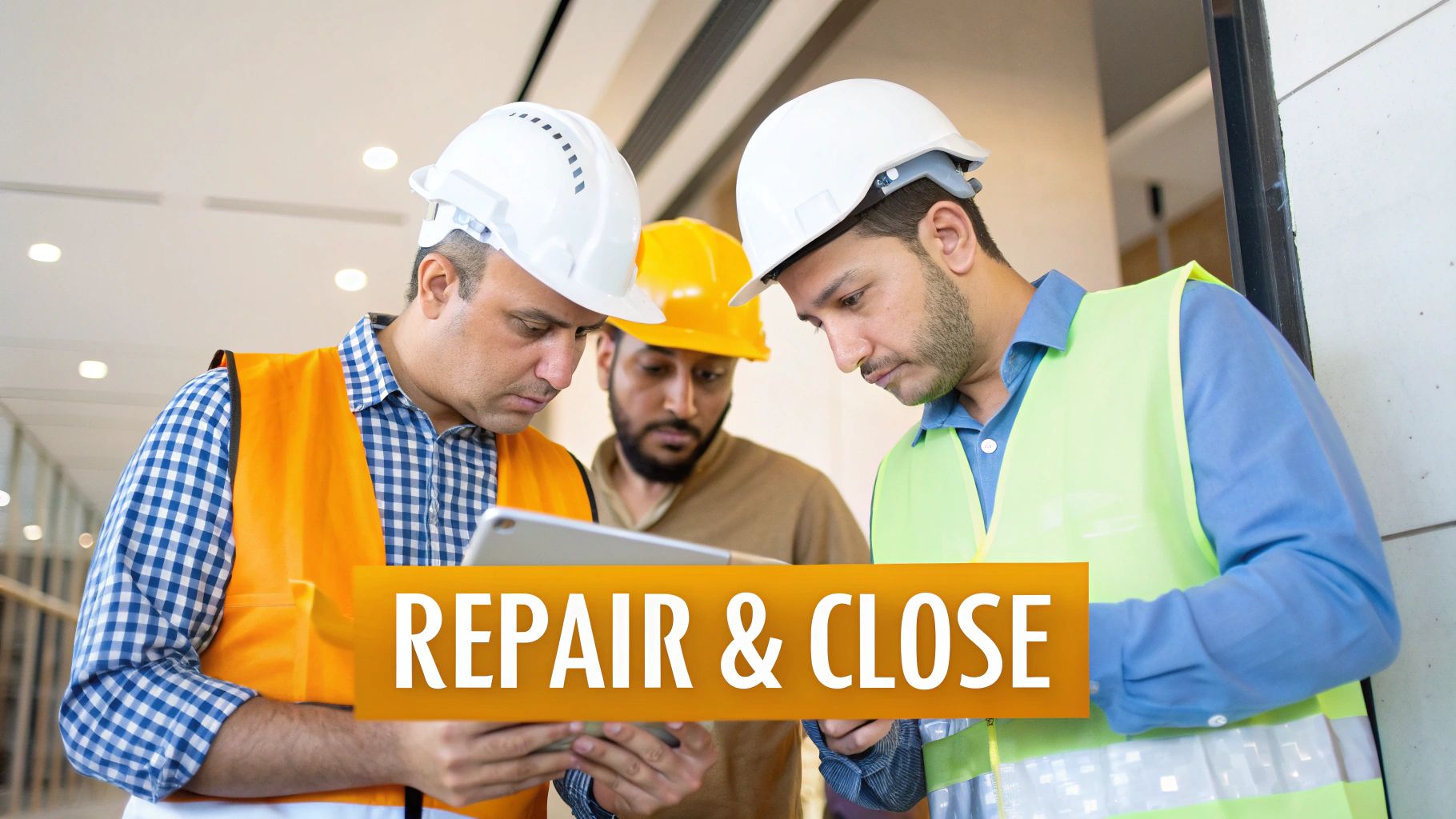 Three construction workers in hard hats and safety vests collaborate, looking at a digital tablet on a job site.