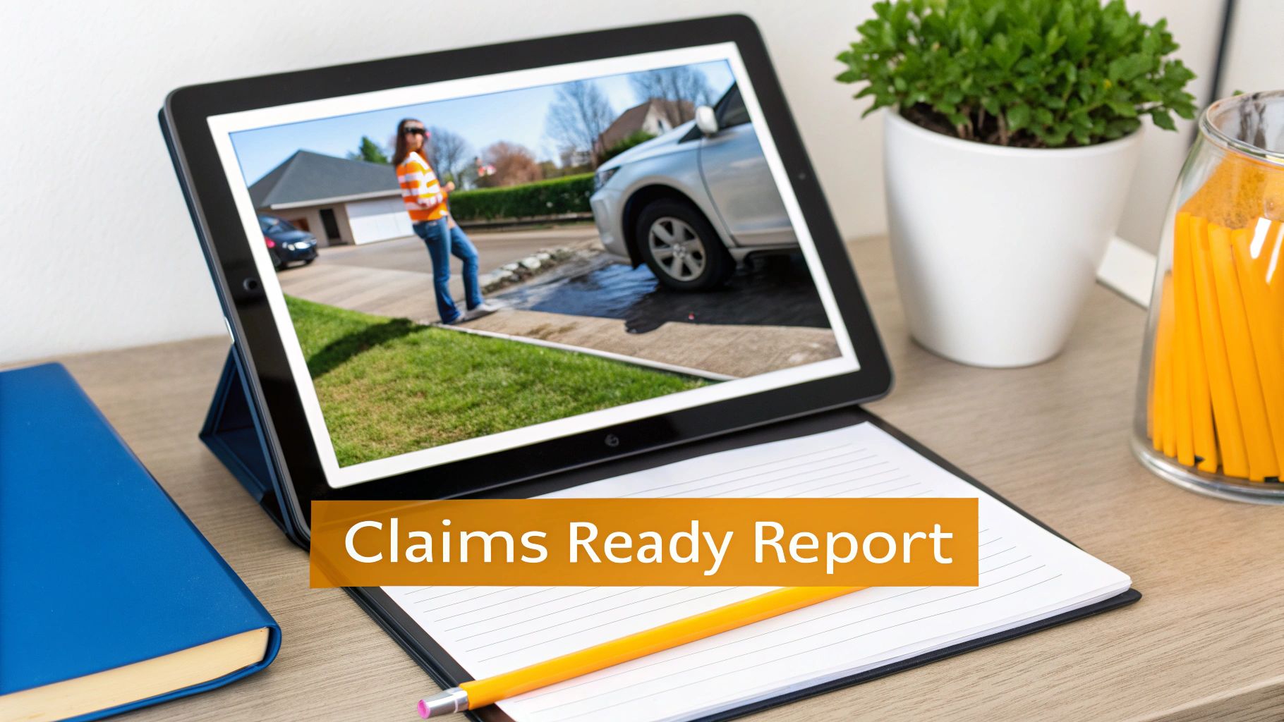 Tablet displaying a woman inspecting car damage on a driveway, with a 'Claims Ready Report' overlay on a desk.