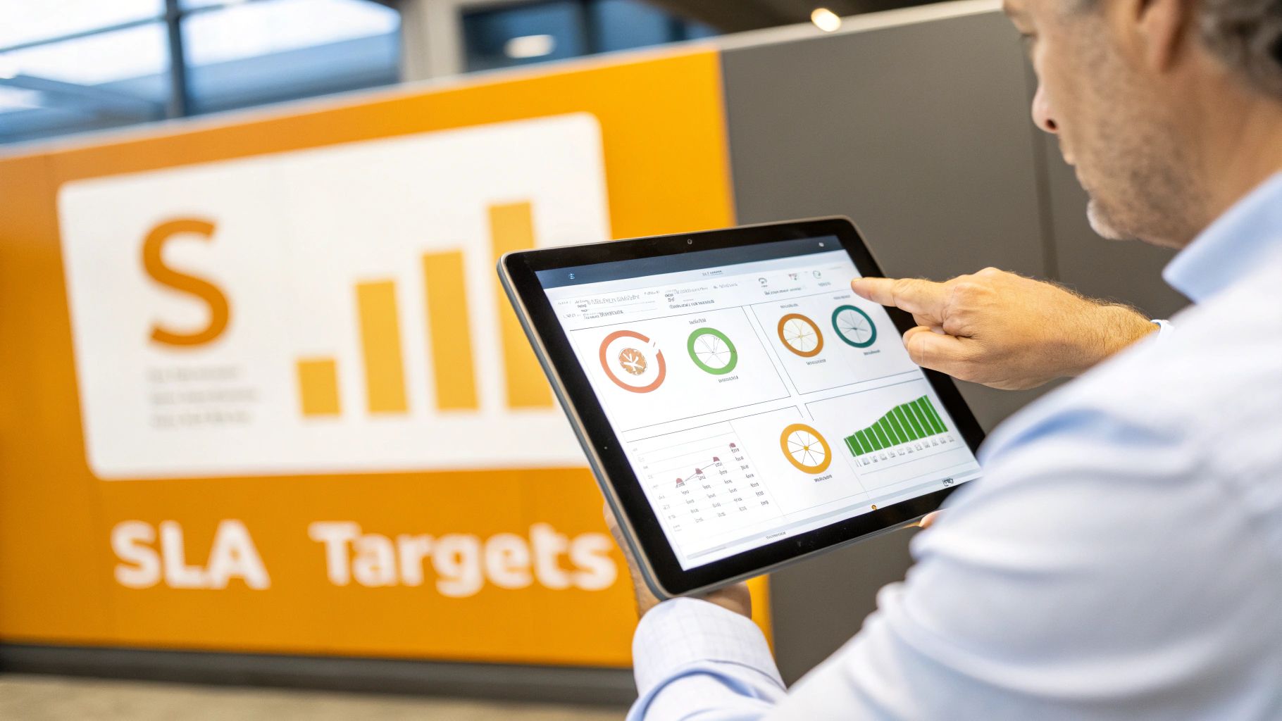 A man reviews performance dashboards on a tablet, with 'SLA Targets' visible in the background.