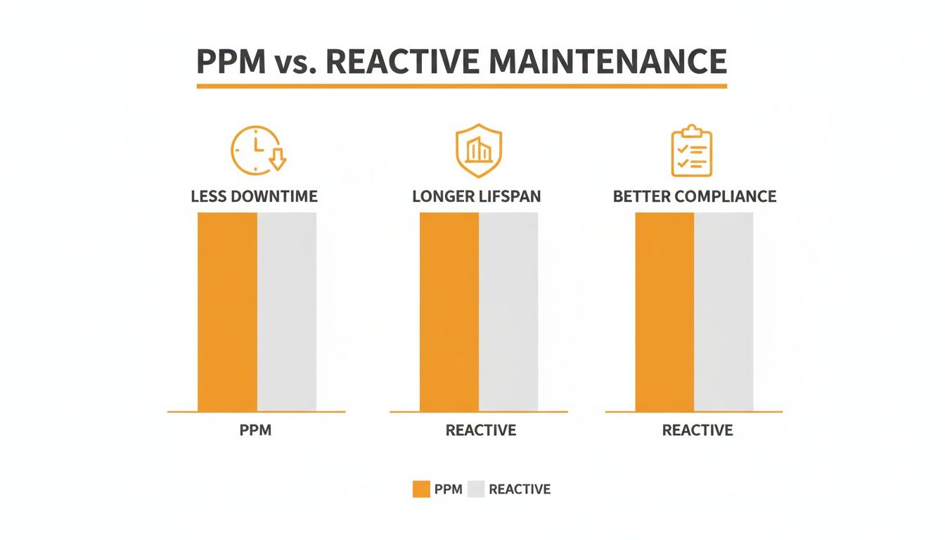 Bar charts illustrating how PPM offers less downtime, longer lifespan, and better compliance.