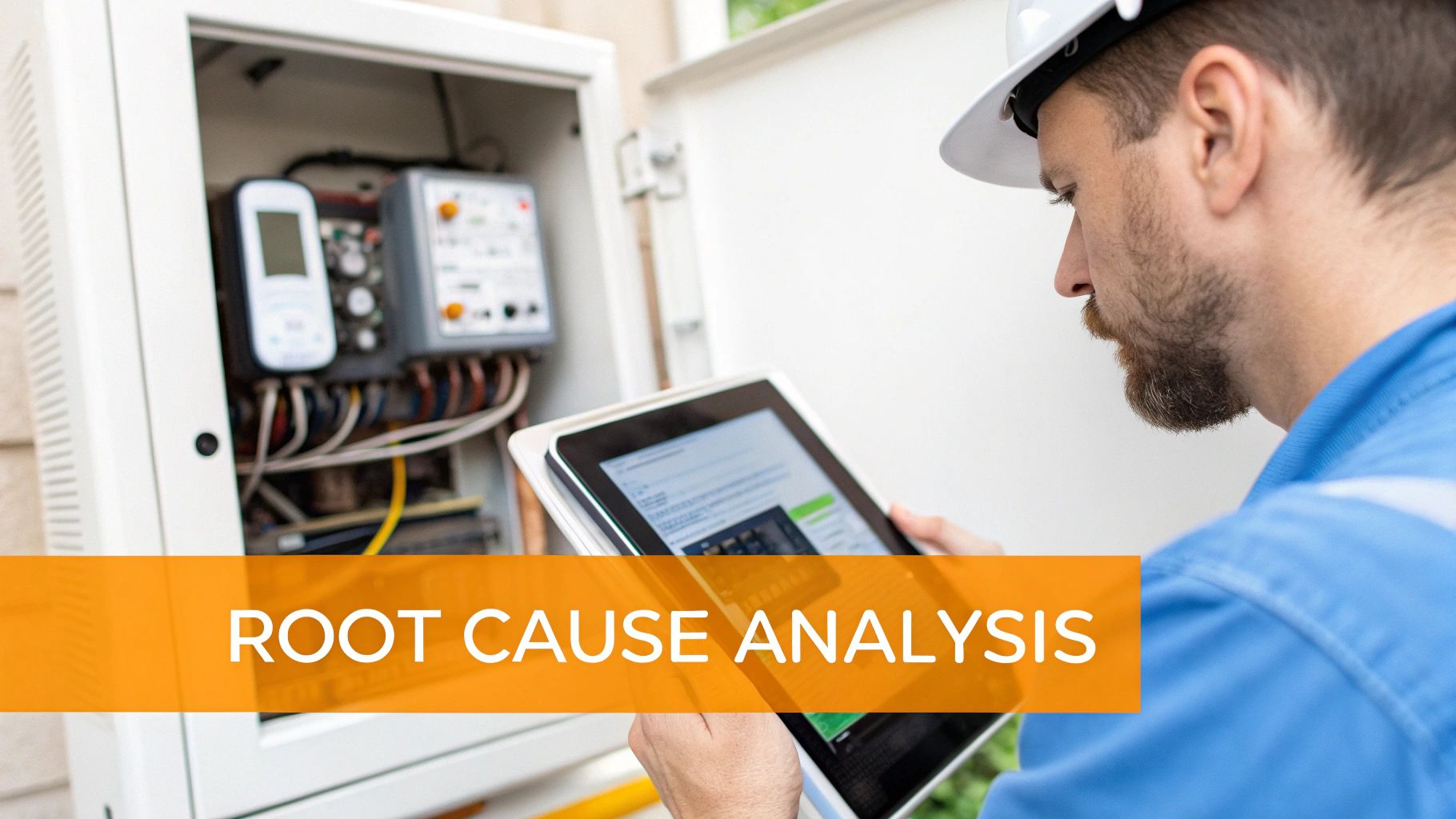 Technician in hard hat examining an open control panel while holding a tablet for root cause analysis.