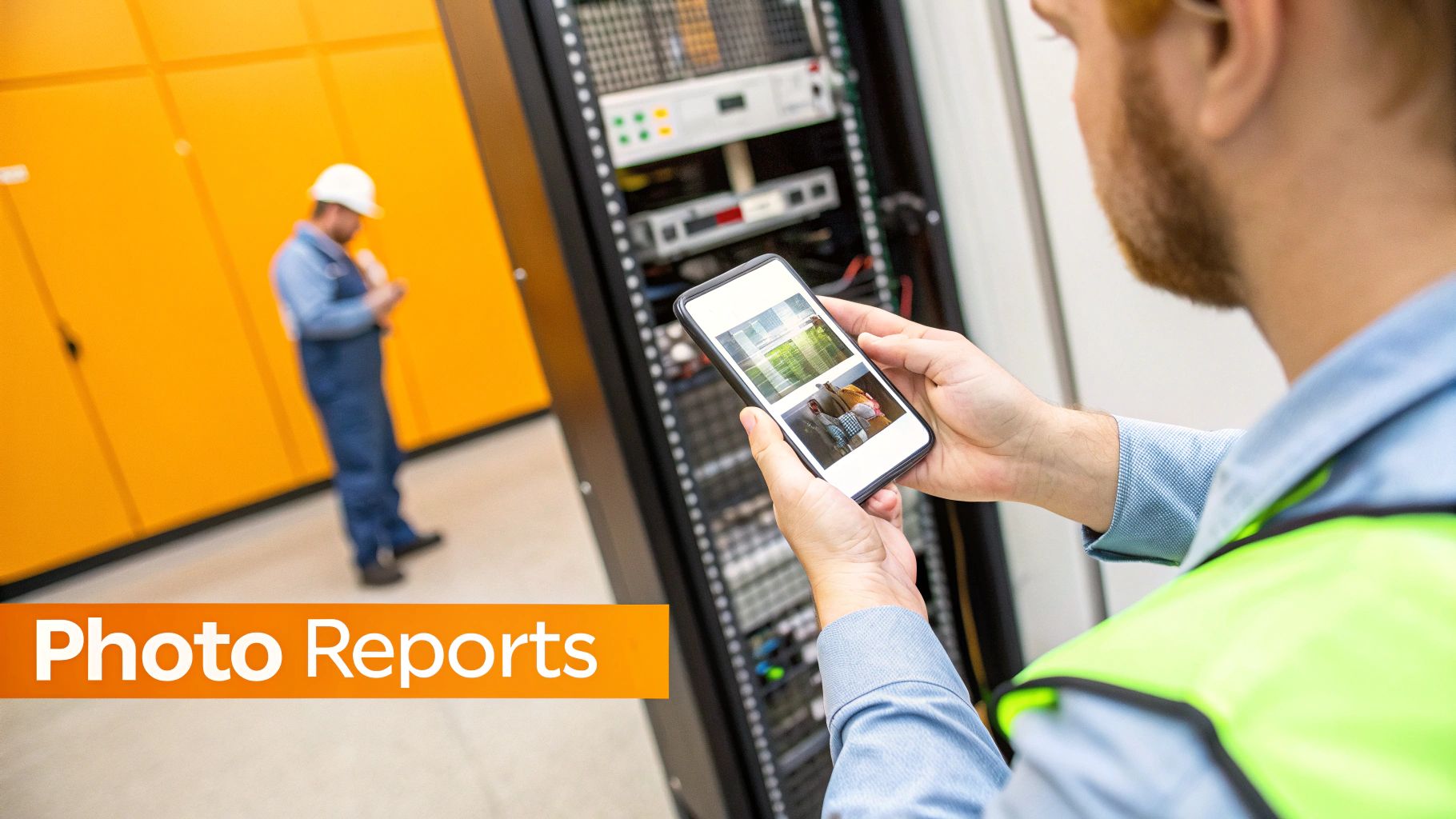 Technician using a smartphone to review photo reports of various sites, standing near server equipment.
