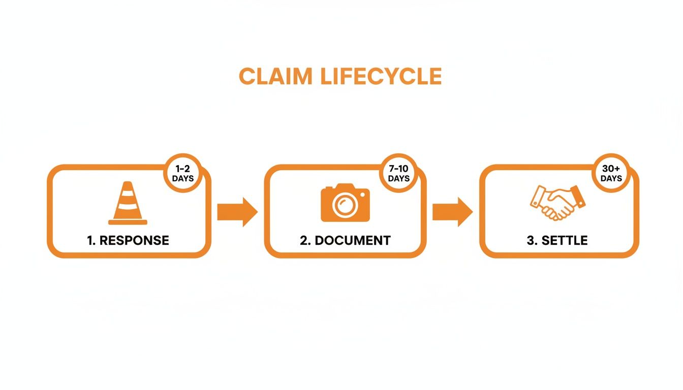 Infographic showing the three-stage claim lifecycle: Response (1-2 days), Document (7-10 days), and Settle (30+ days).