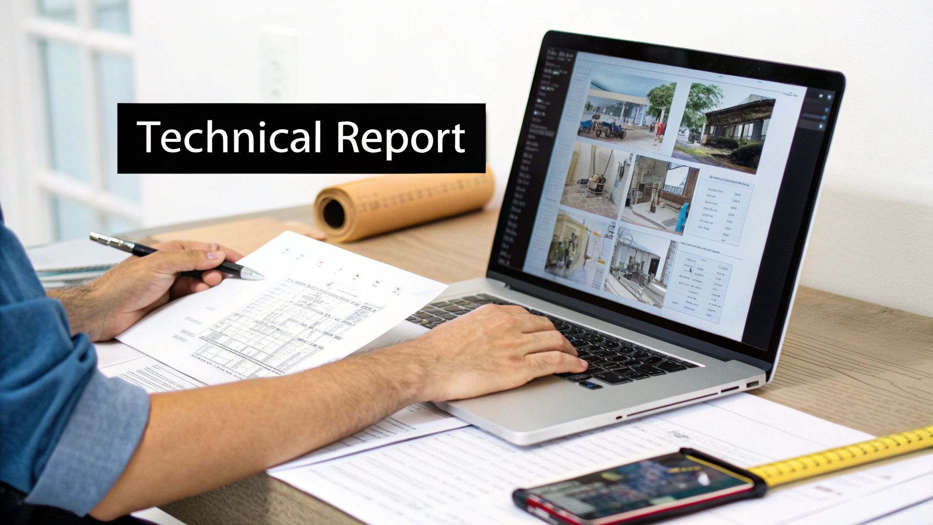 A person reviews technical drawings and property images on a laptop for a 'Technical Report'.