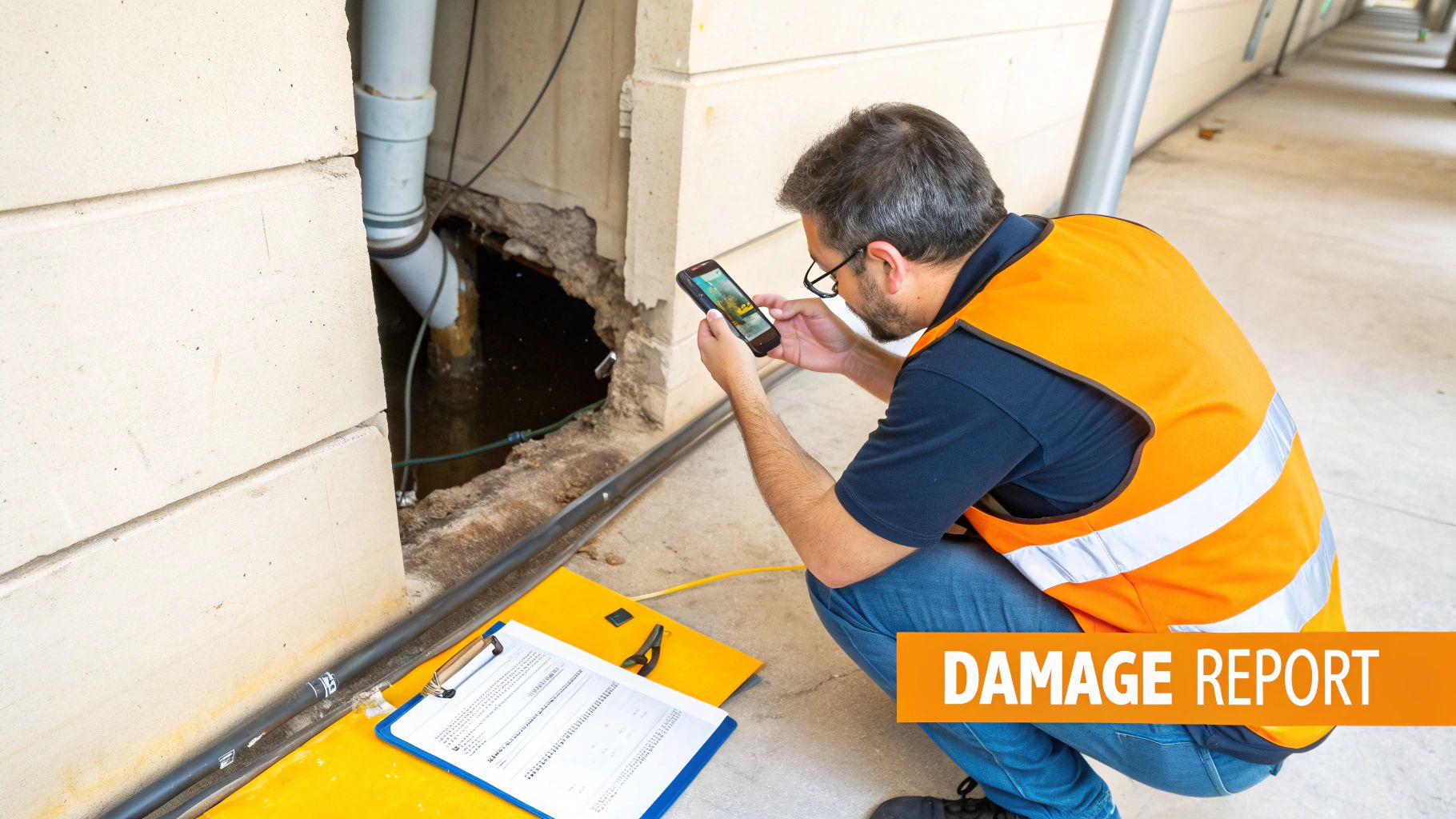 An inspector in a safety vest takes a photo of a damaged wall with exposed pipes and standing water, next to a clipboard with a damage report.