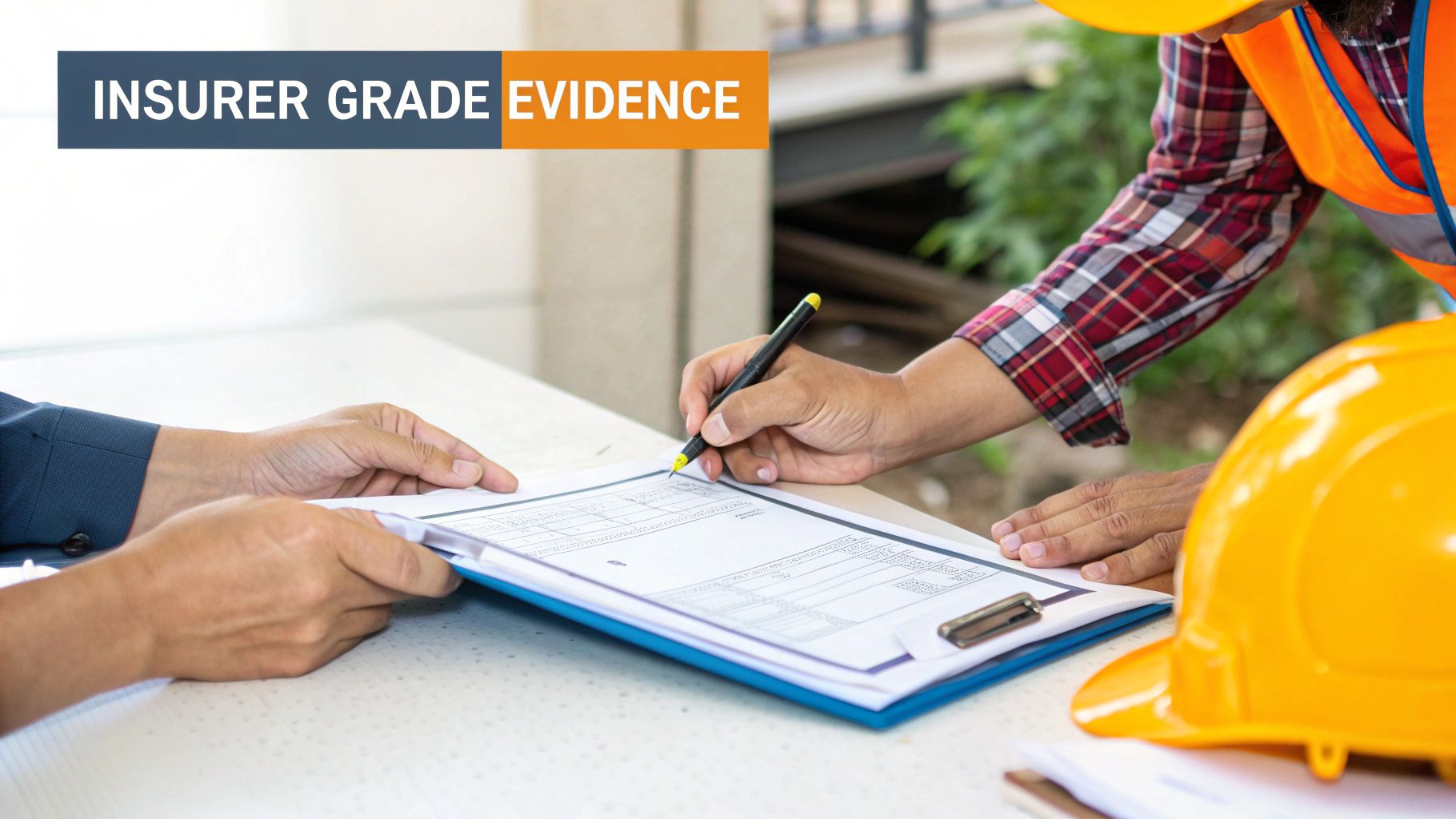 Construction worker signing insurer grade evidence documents with a professional, hard hat present.