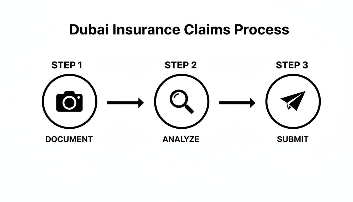 Dubai insurance claims process flowchart with steps: document, analyze, and submit, using clear icons.