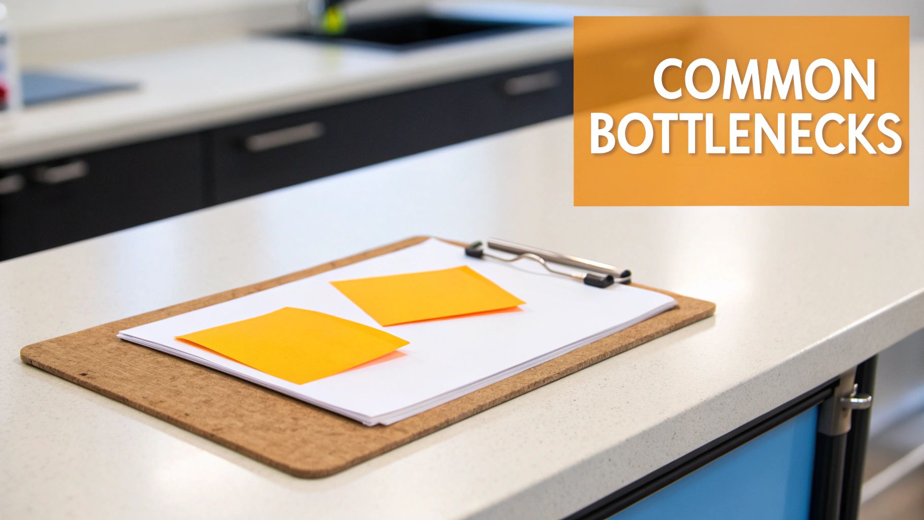 A clipboard with two orange sticky notes on a counter, displaying 'COMMON BOTTLENECKS' overlay.