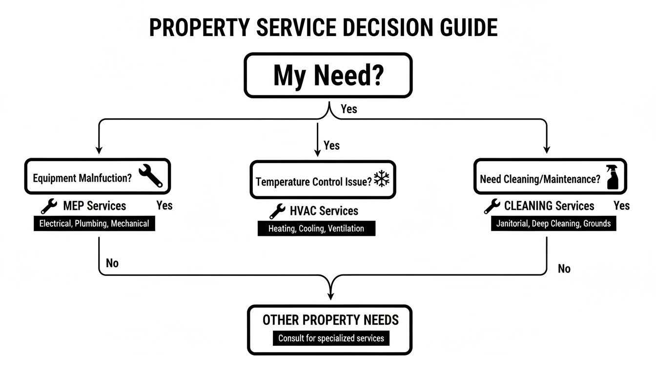 Flowchart decision guide for property maintenance services, addressing equipment, HVAC, and cleaning needs.