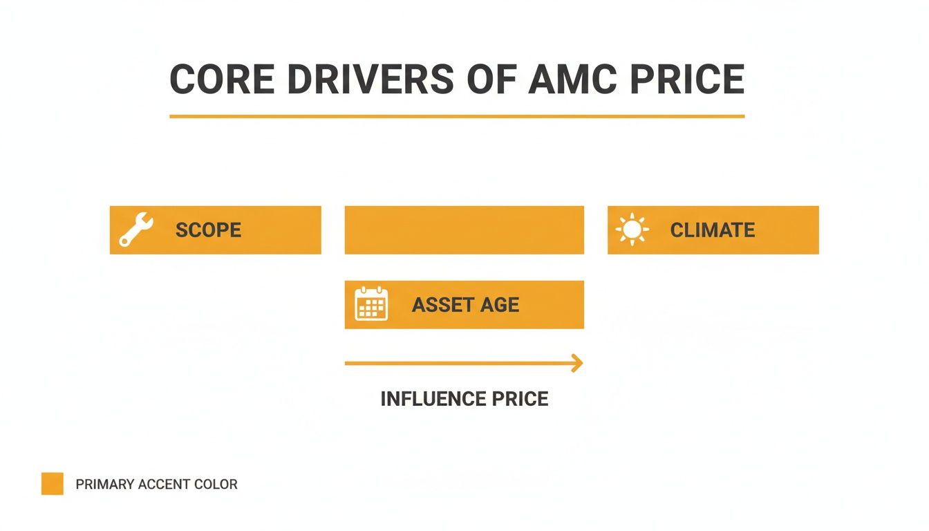 A diagram outlining core drivers influencing AMC price, including scope, climate, and asset age factors.