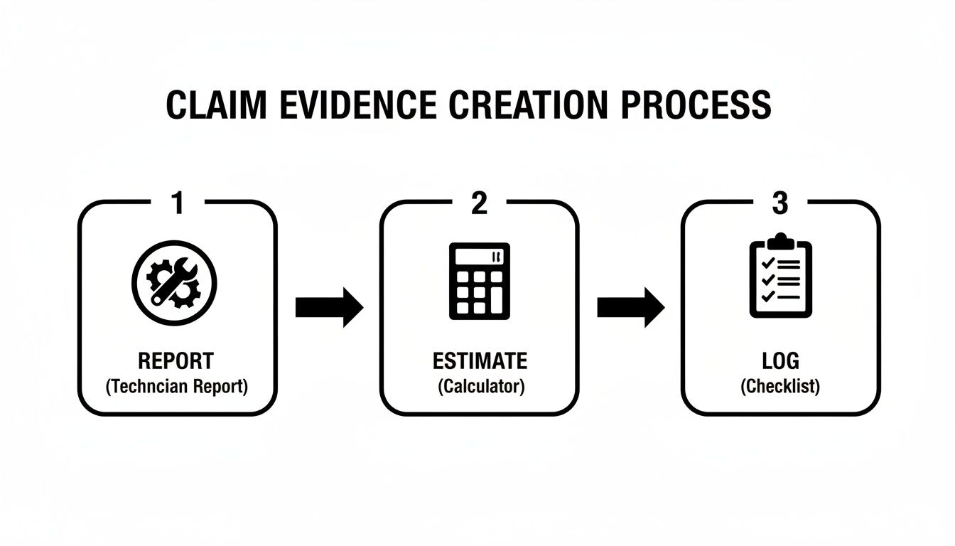 A three-step claim evidence creation process: report, estimate, and log for insurance claims.