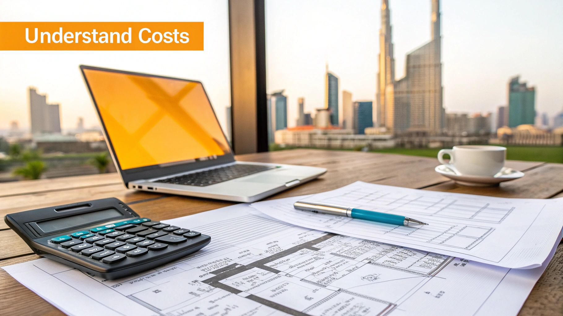 A calculator, laptop, and documents on a desk with a city view, accompanied by an 'Understand Costs' banner.