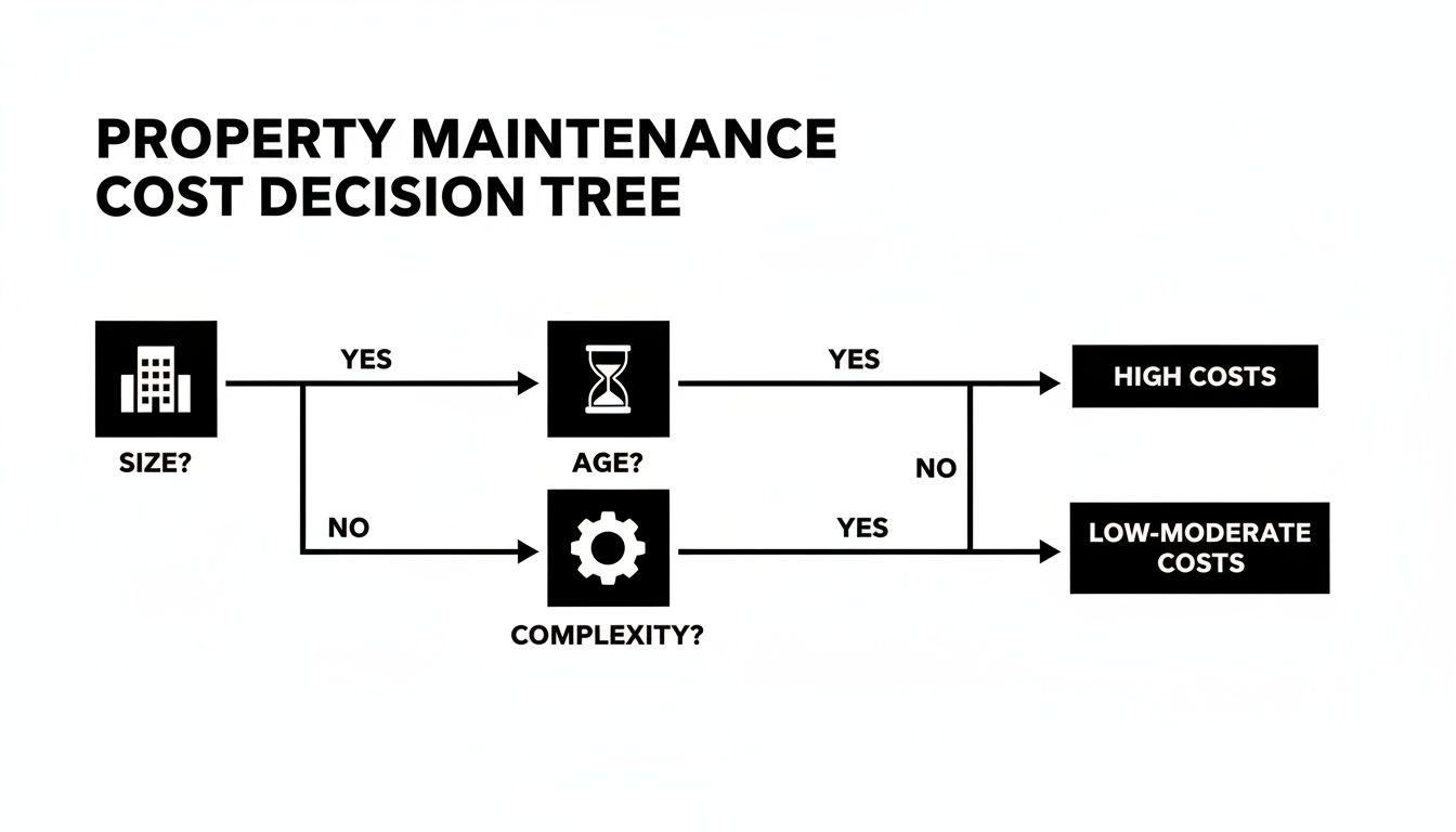 A decision tree illustrating property maintenance costs based on size, age, and complexity factors.