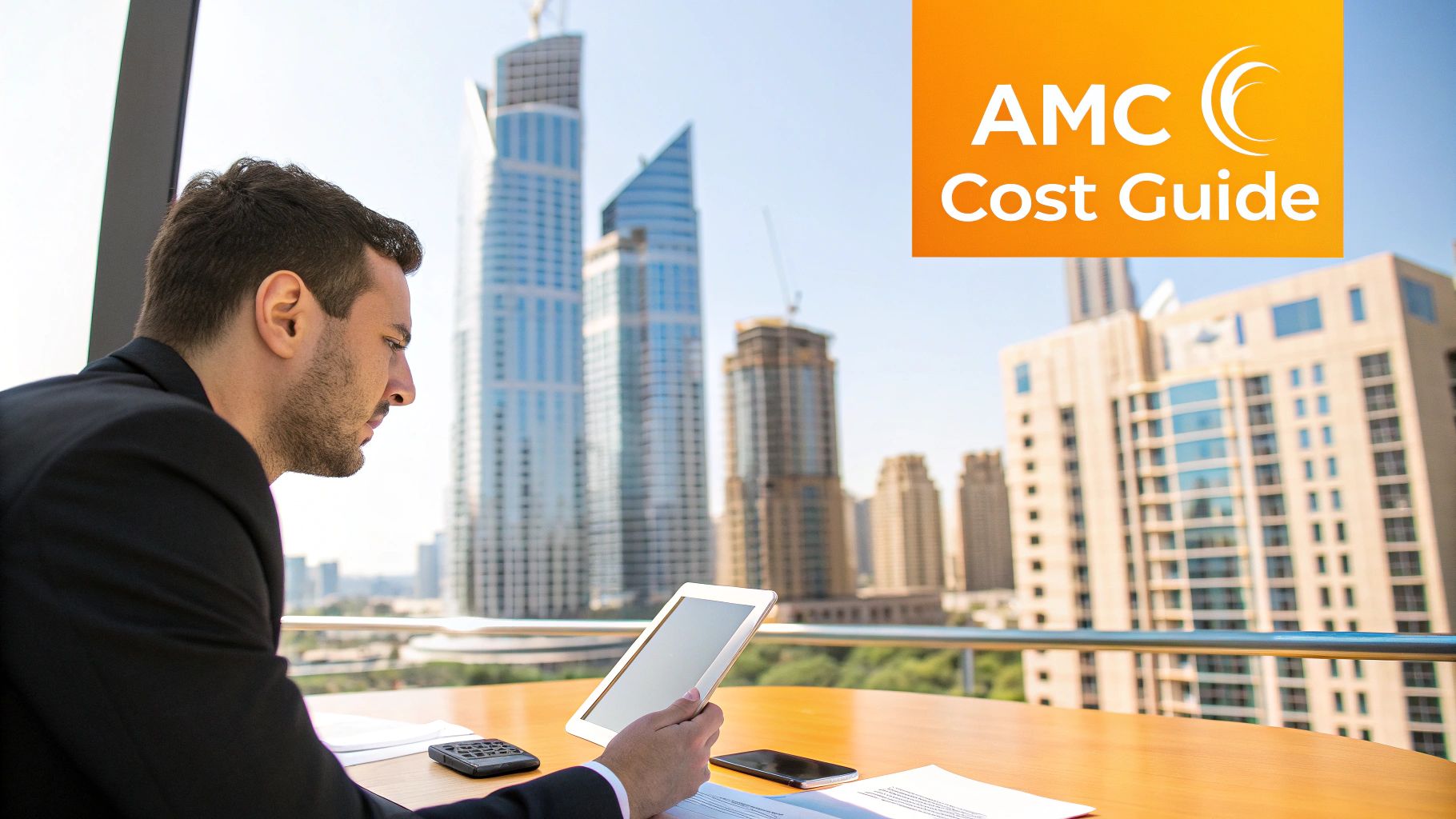 A businessman views a tablet with a city skyline and "AMC Cost Guide" in the background.