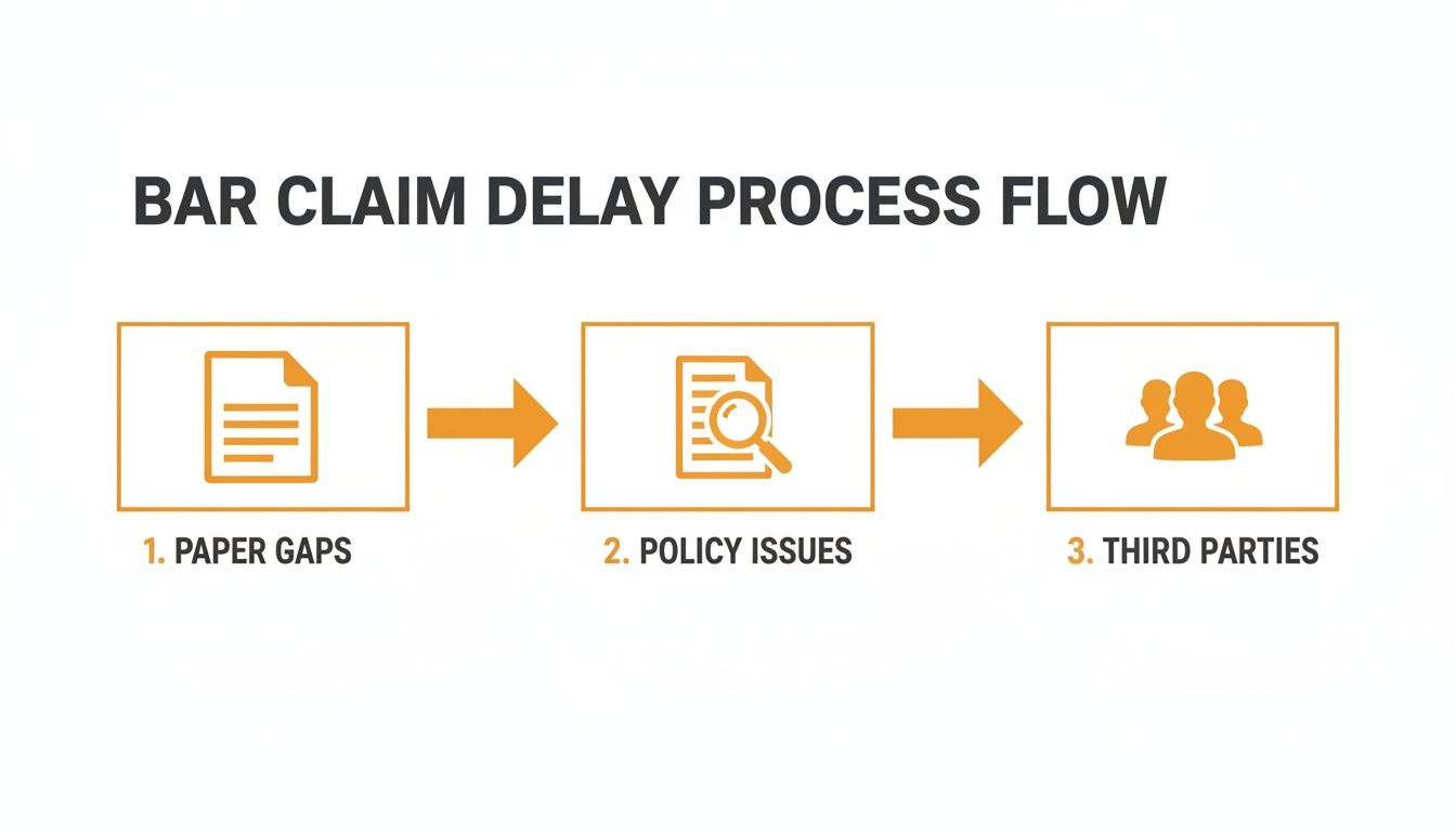 A flow chart illustrating the three-step BAR claim delay process: Paper Gaps, Policy Issues, and Third Parties.