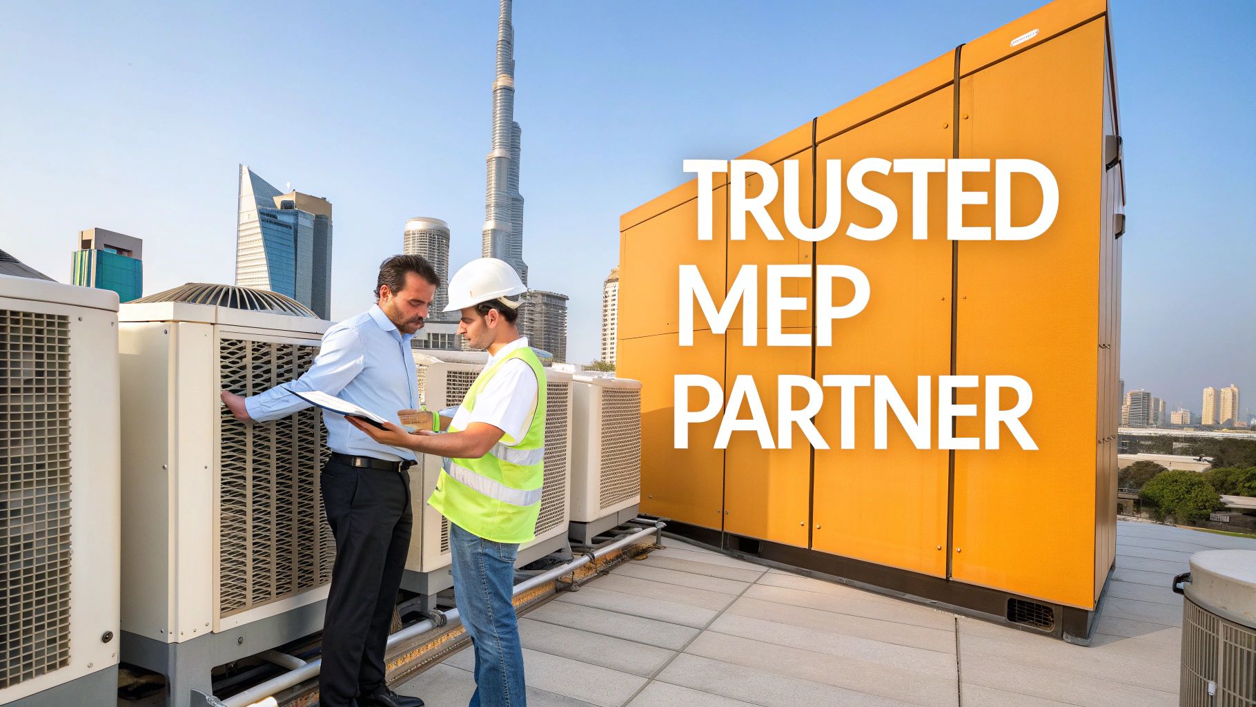 Two engineers inspect rooftop HVAC units on a building with Dubai skyline in the background.