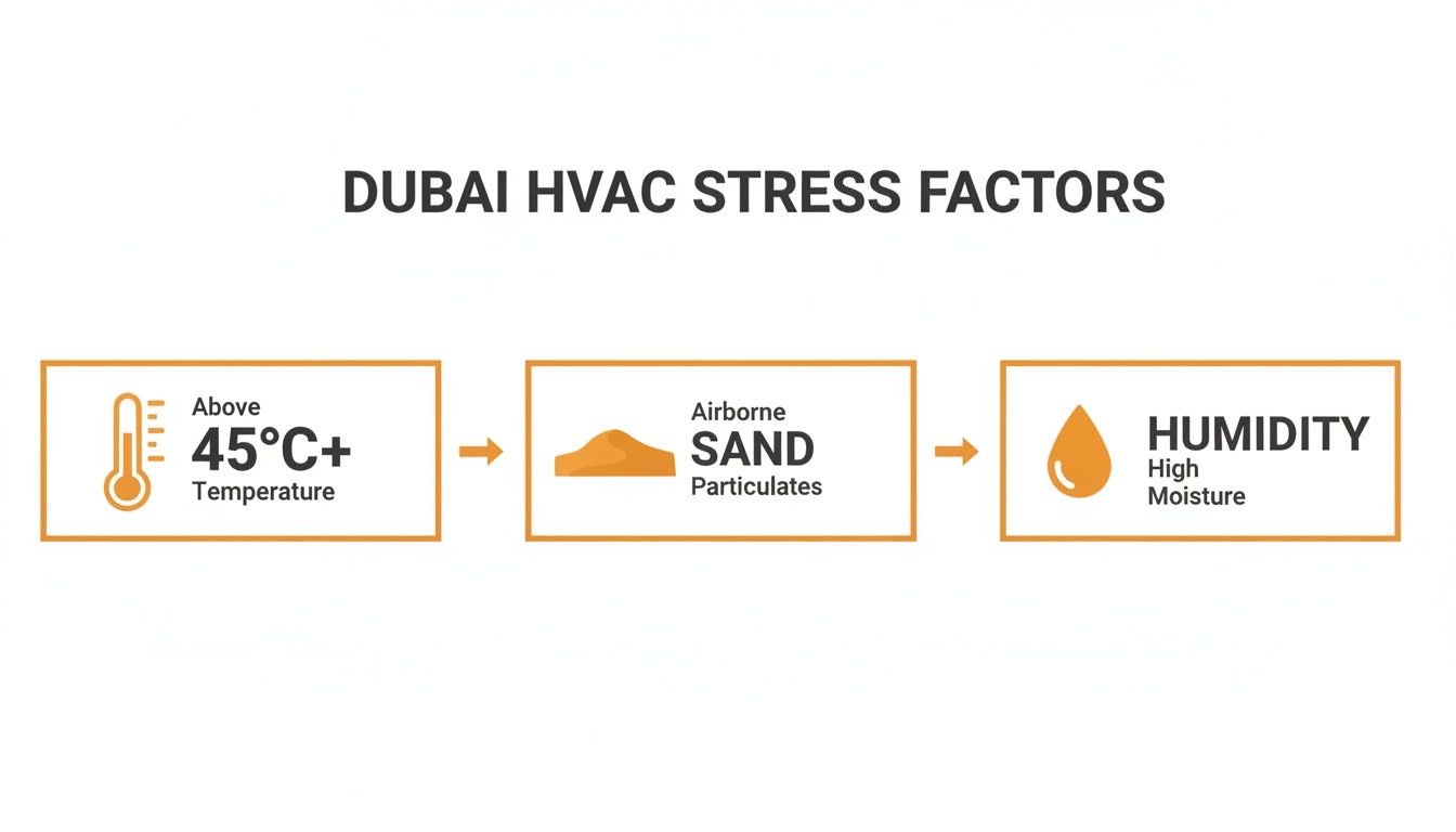 Infographic illustrating Dubai's HVAC stress factors: extreme heat, airborne sand, and high humidity.