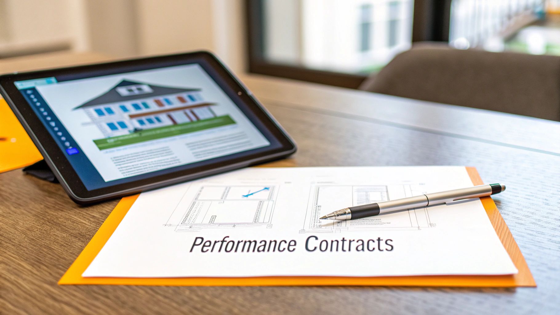 A tablet with a house design and a document titled 'Performance Contracts' on a wooden desk.