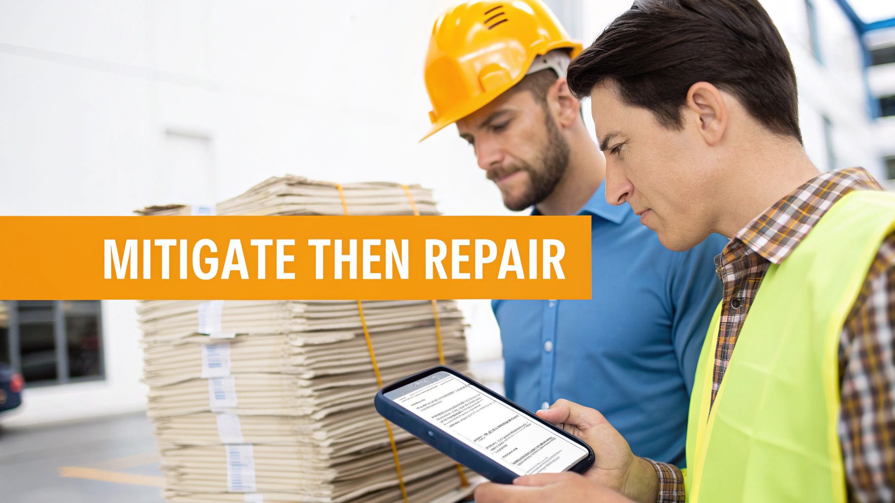 Two construction workers review information on a smartphone, with a large stack of papers and a banner reading 'MITIGATE THEN REPAIR'.
