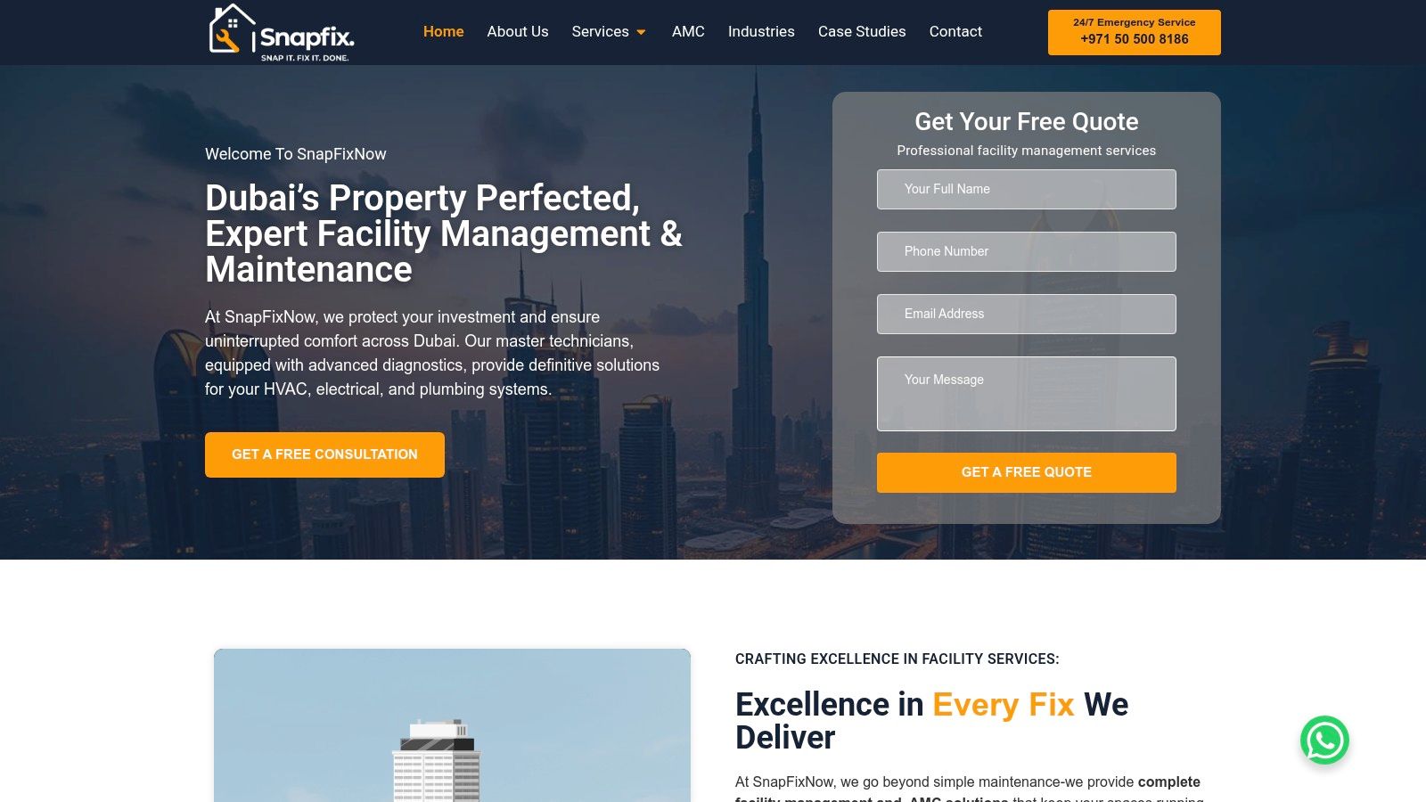 SnapFixNow's website showcasing its facility management services in Dubai.