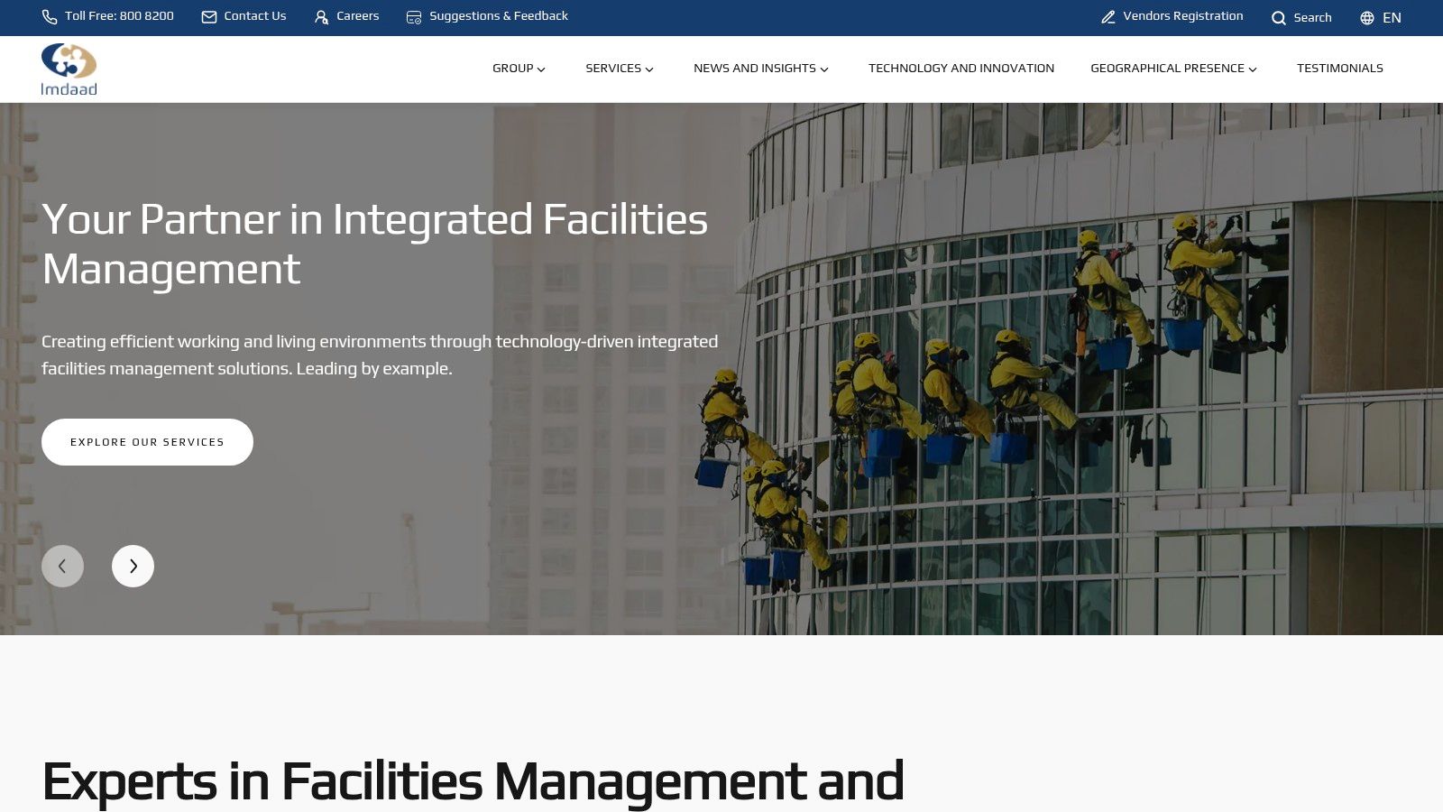 Imdaad website showcasing their integrated facility and environmental services.