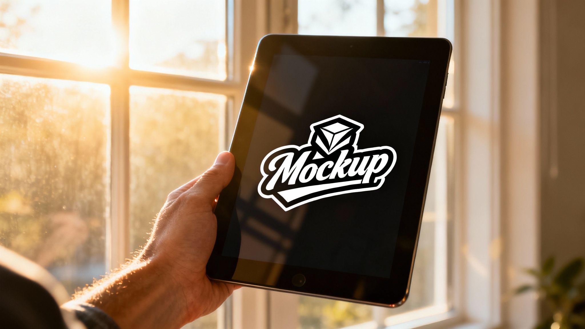 A creative professional pointing at a colourful window decal design on a computer screen.