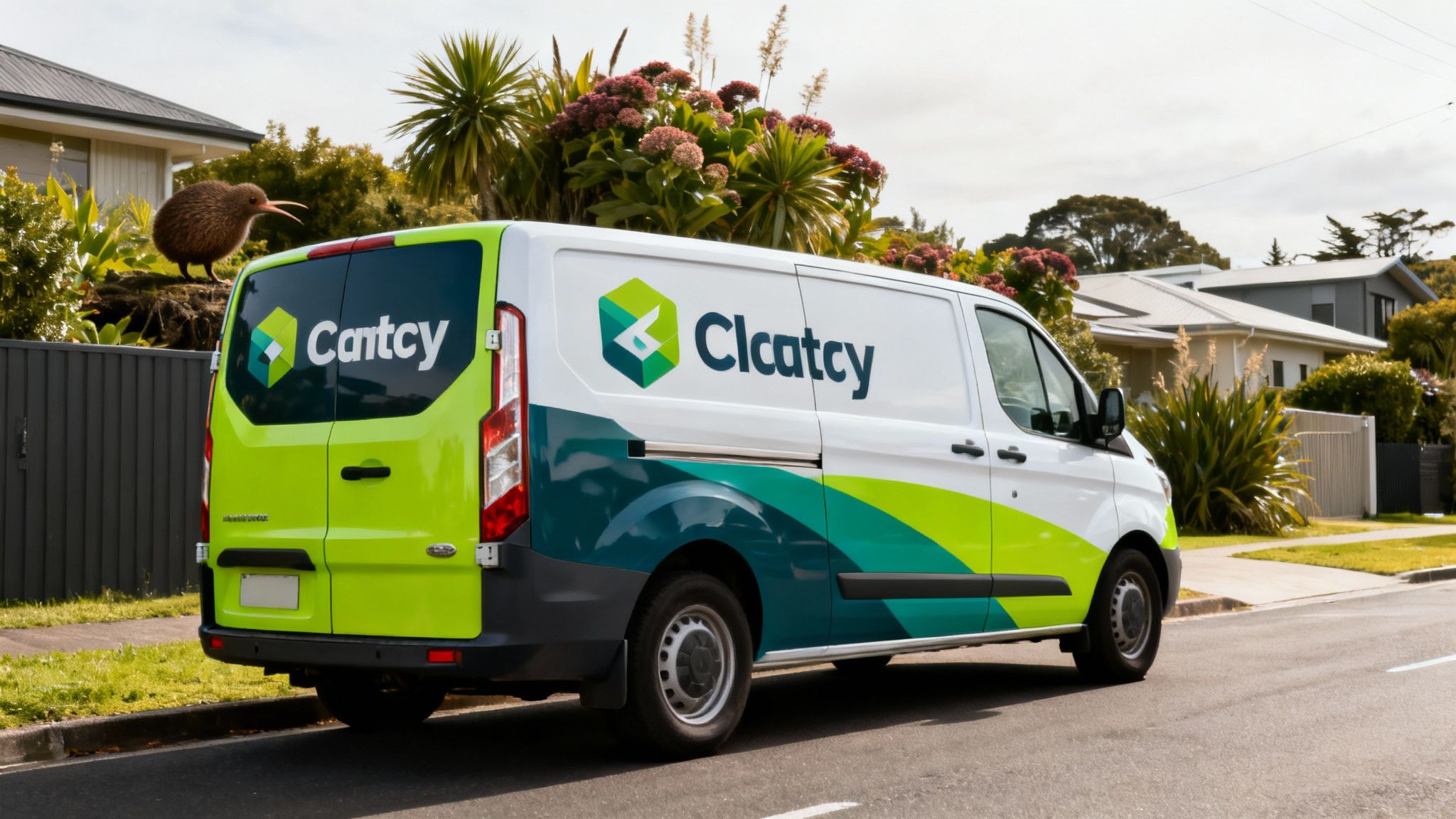 A white service van with green branding is parked on a suburban street, a kiwi bird perches nearby.